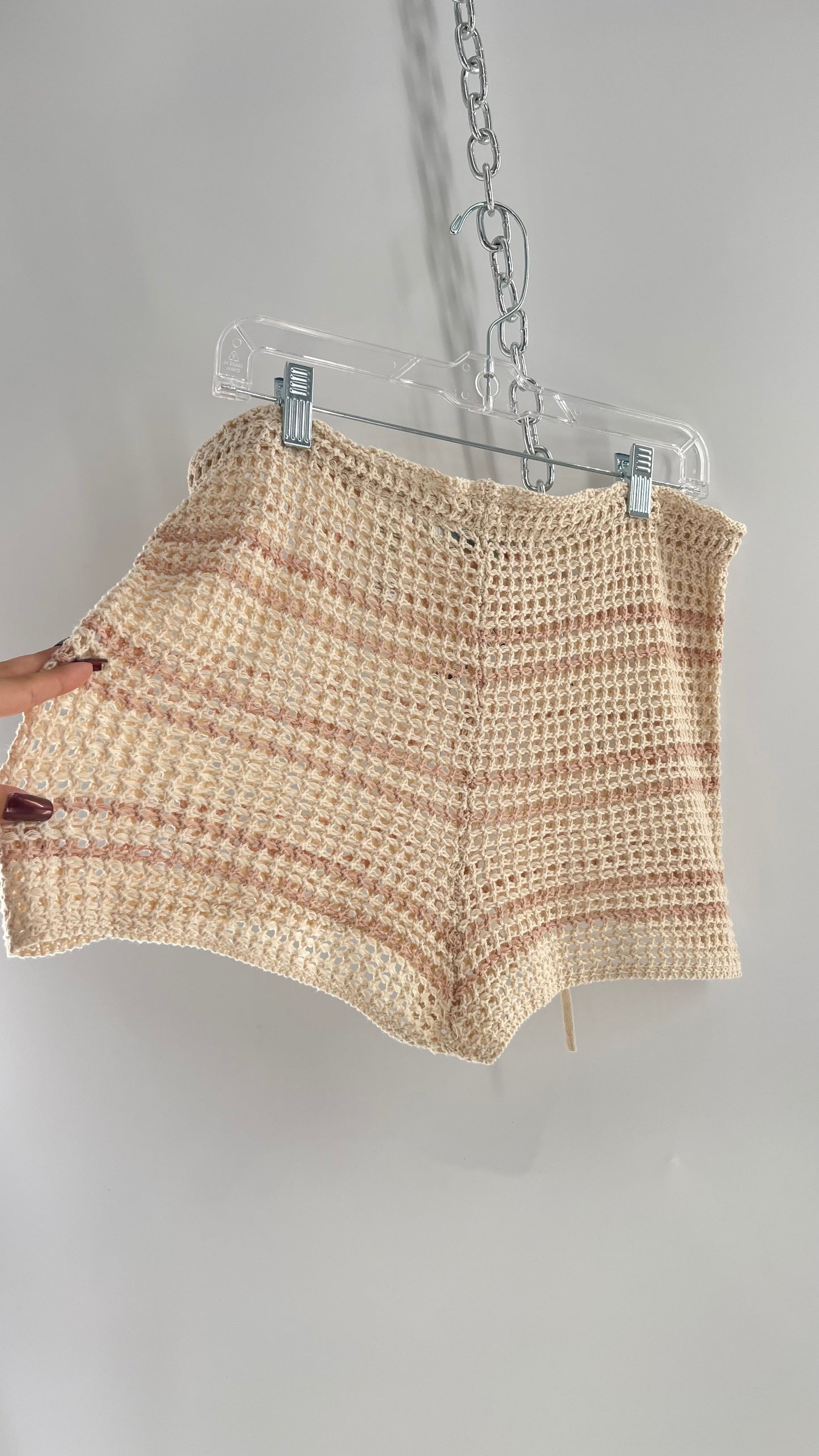 Free People Beach Beige Knit Crochet Cover Up Shorts (Medium)