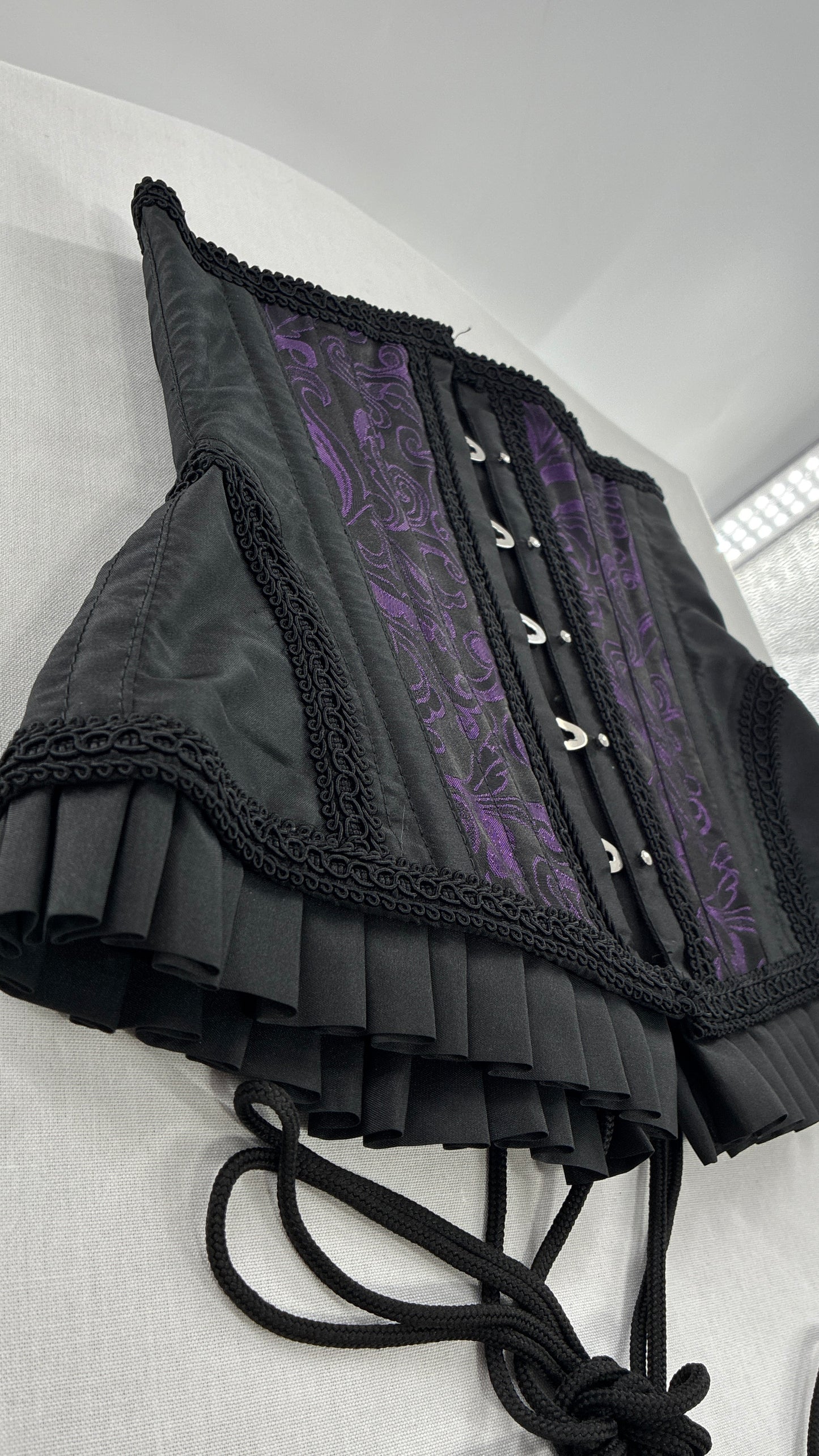 Vintage Black and Purple Brocade Corset with Pleated, Ruffled Hem (Sz 22)