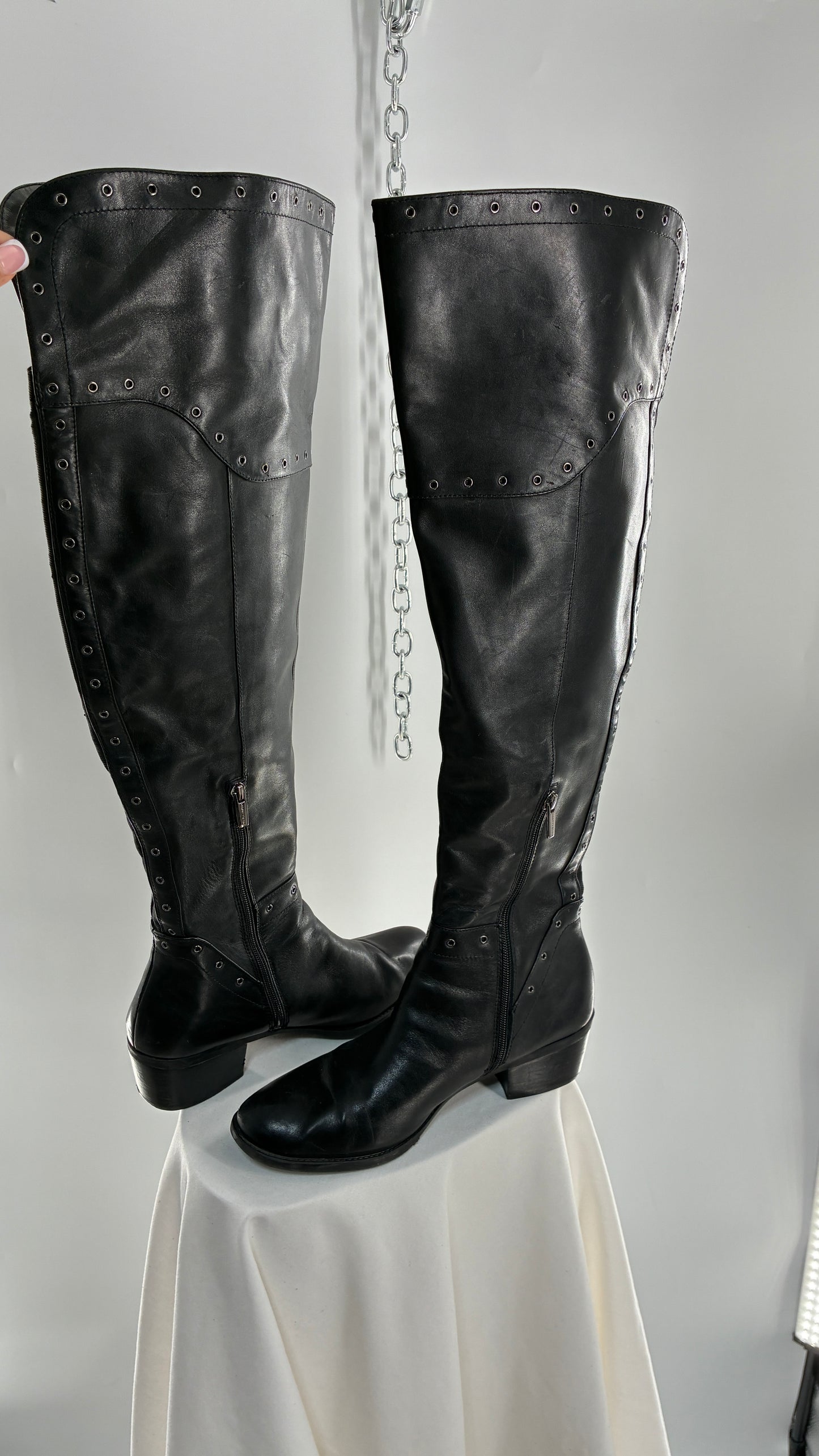 VINCE CAMUTO Genuine Leather Black Over the Knee, Thigh High Boots with Studding Details (11/41)