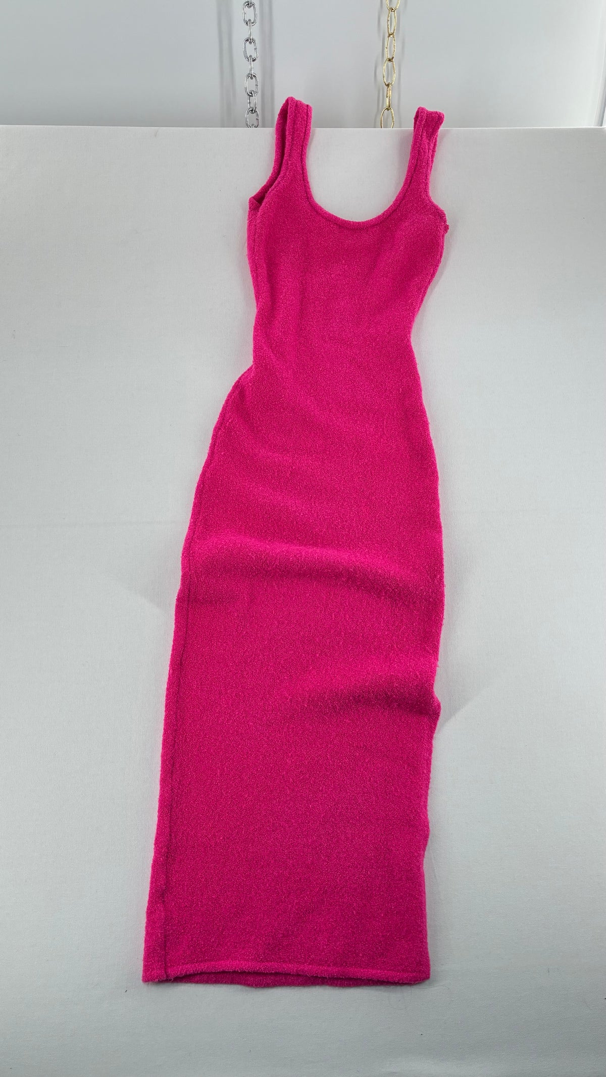 FASHION NOVA Neon Pink Terry Fitted Full Length Body Con Dress Worn (Small)