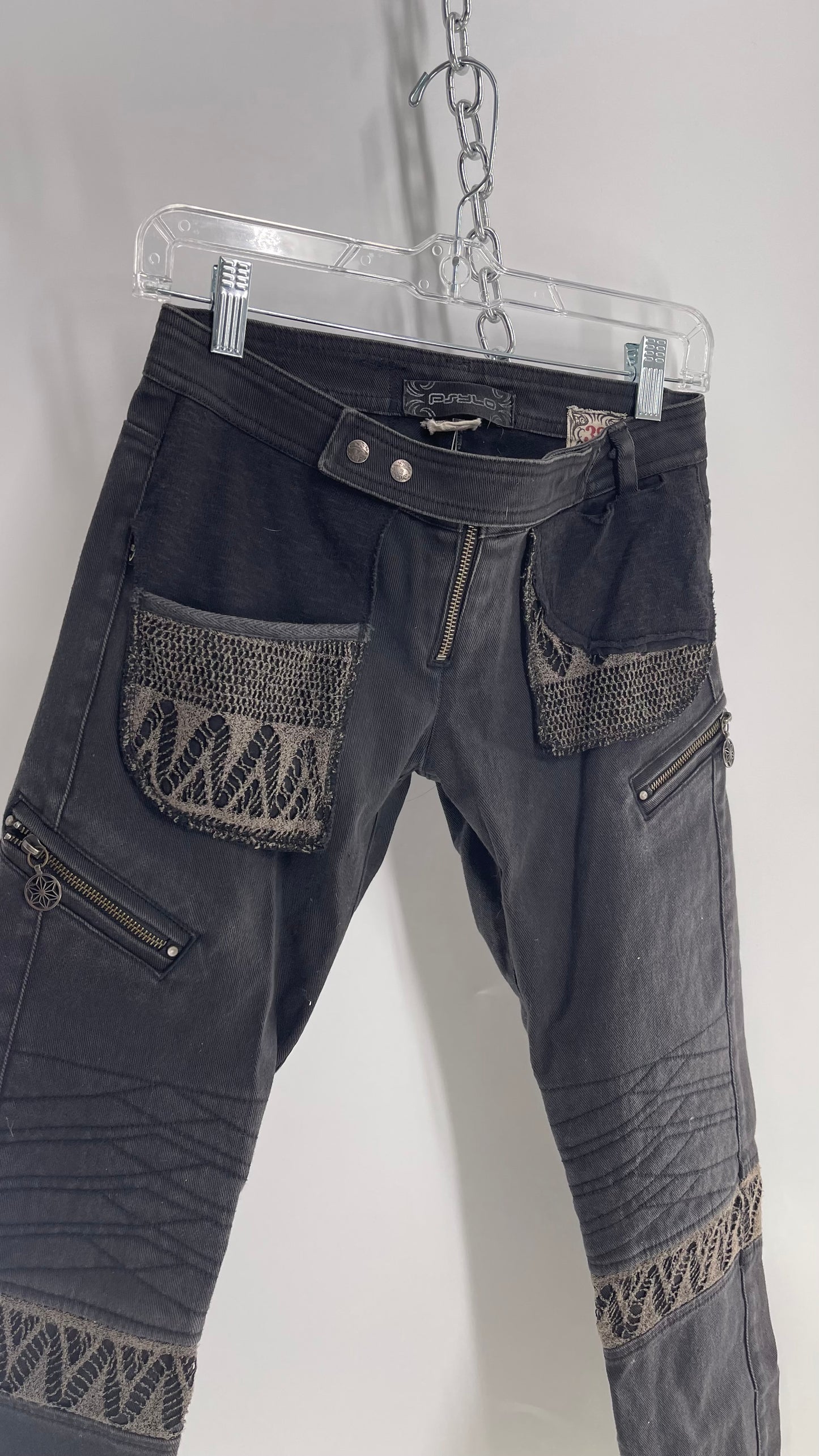 Vintage Rare PSYLO 1990s Low Rise Kick Flare Jeans with Studs, Lace and Hardware (38/28)