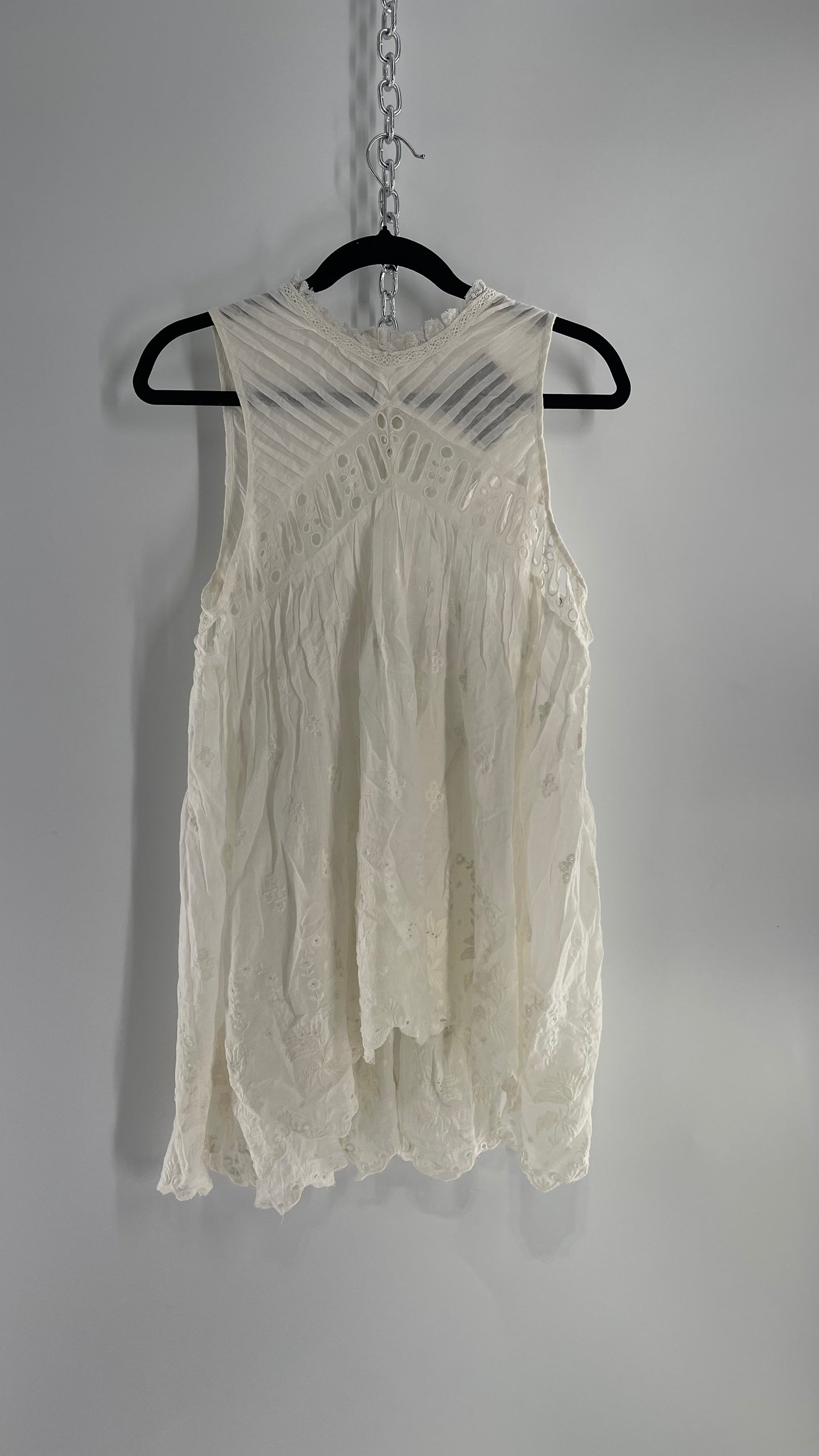 Free People White Cotton Eyelet Embroidered Lace Tank with Pleating, Buttoned and Slit Back (Small)