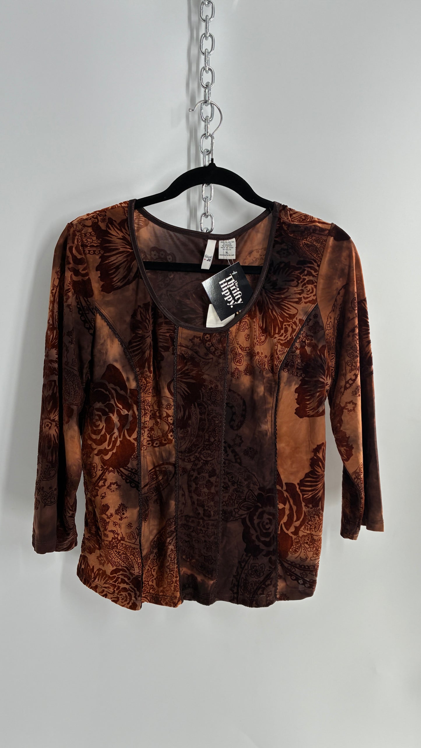 1990s Vintage SAMI + JO Velvet Burnout Brown and Orange Top (XL)