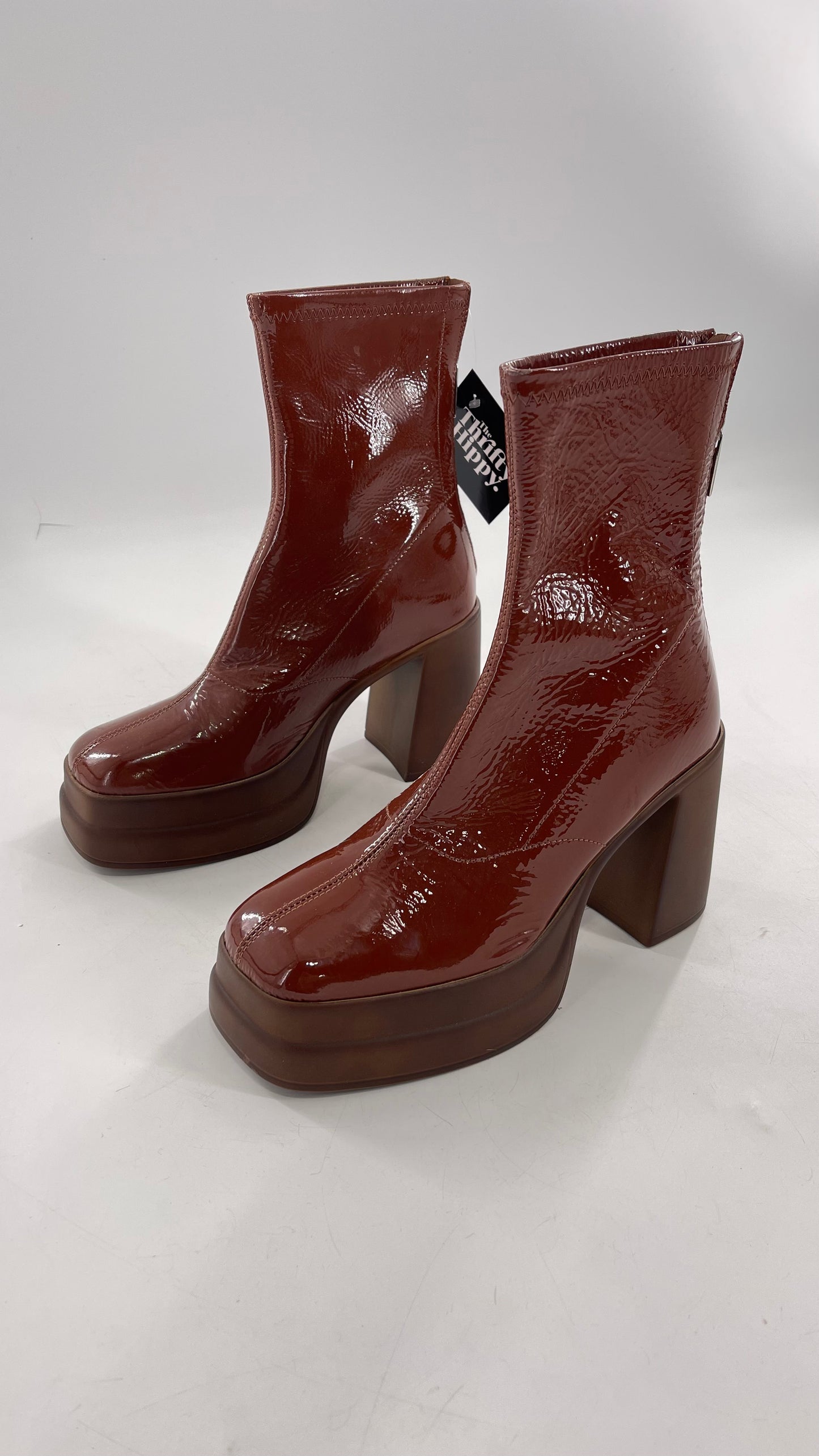 Free People Double StackedGlossy Patent Chestnut Brown Platform Boots with Chunky Heels (37.5)