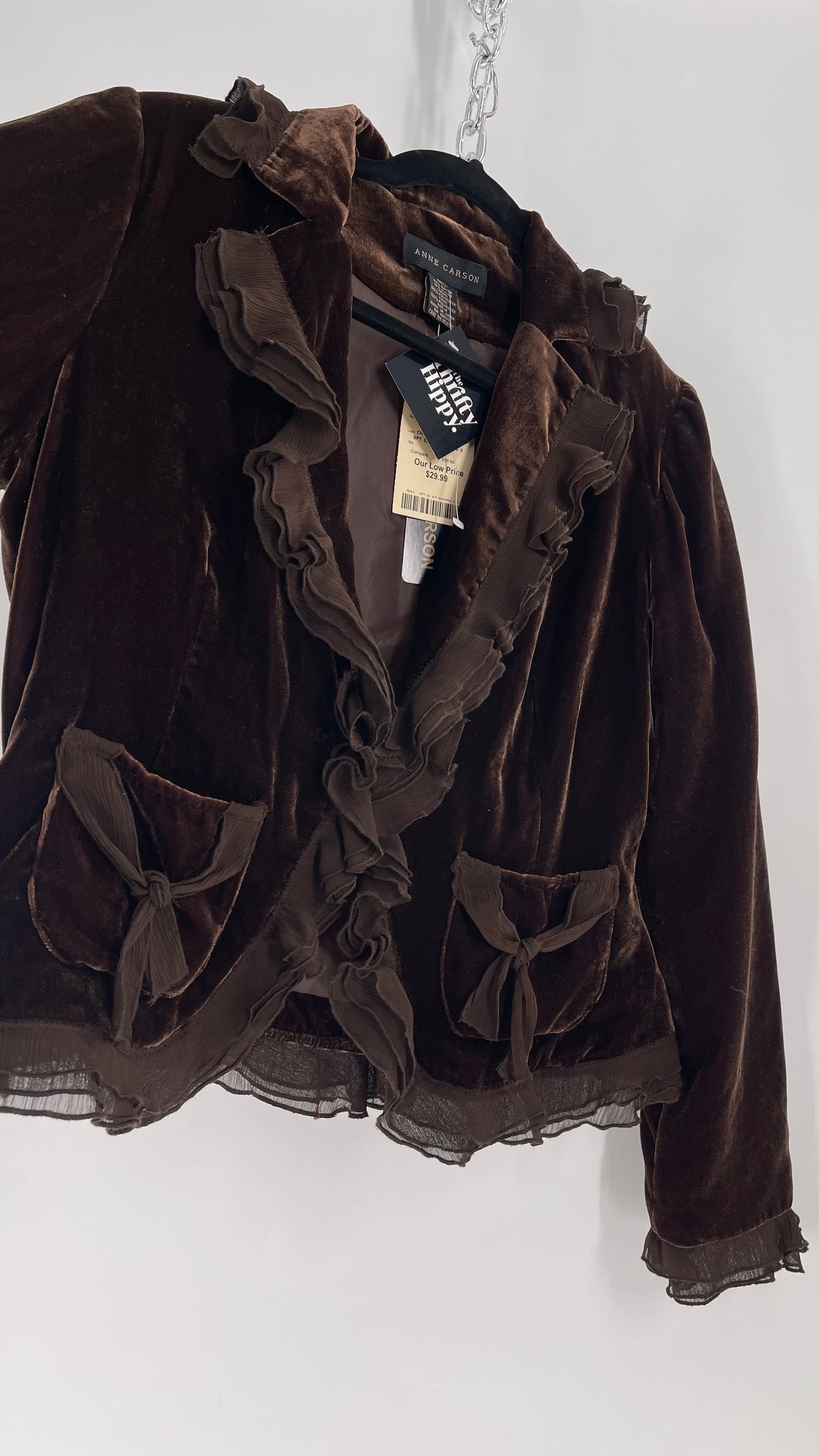 Deadstock Vintage Brown Velvet Anne Carson Blazer with Delicate Crepe Ruffled Hem and Bow Pockets (Medium)