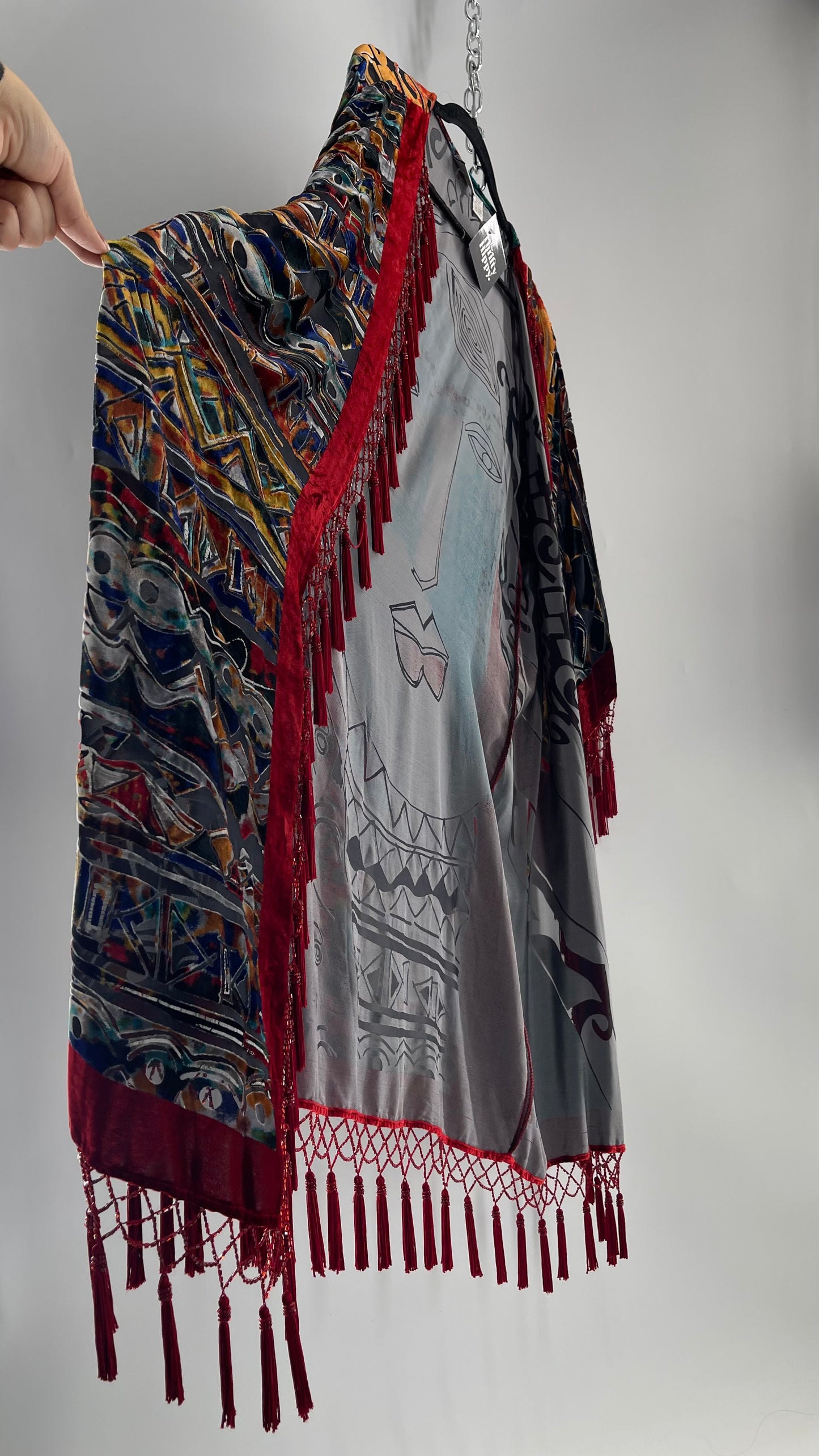 Vintage Burnout Buddhist Motif Velvet/Velour Beaded Fringe Duster Coat/Kimono with Tassel Sleeves and Hems (M/L)