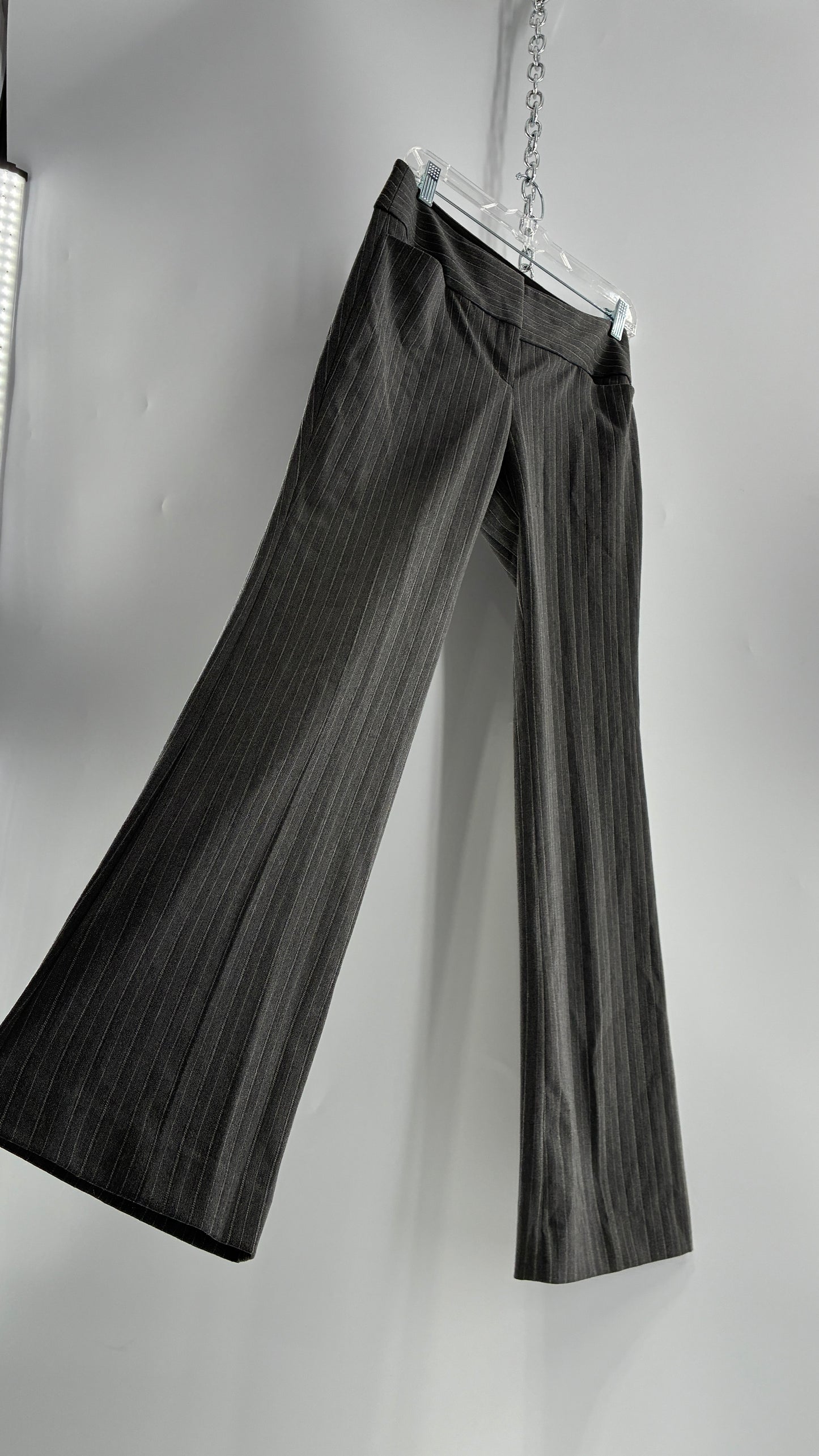 Vintage 1990s EXPRESS Editor Dark Grey Pinstripe Ultra Low Rise Thick Hip Band Kick Flares (2)