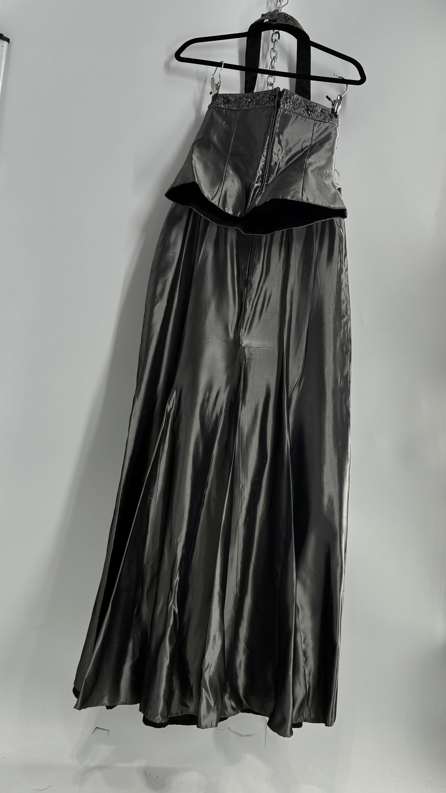 Vintage 1990s Davids Bridal SET Metallic Silver Corseted + Beaded Halter and Full Length Skirt (6Top, 8Skirt)