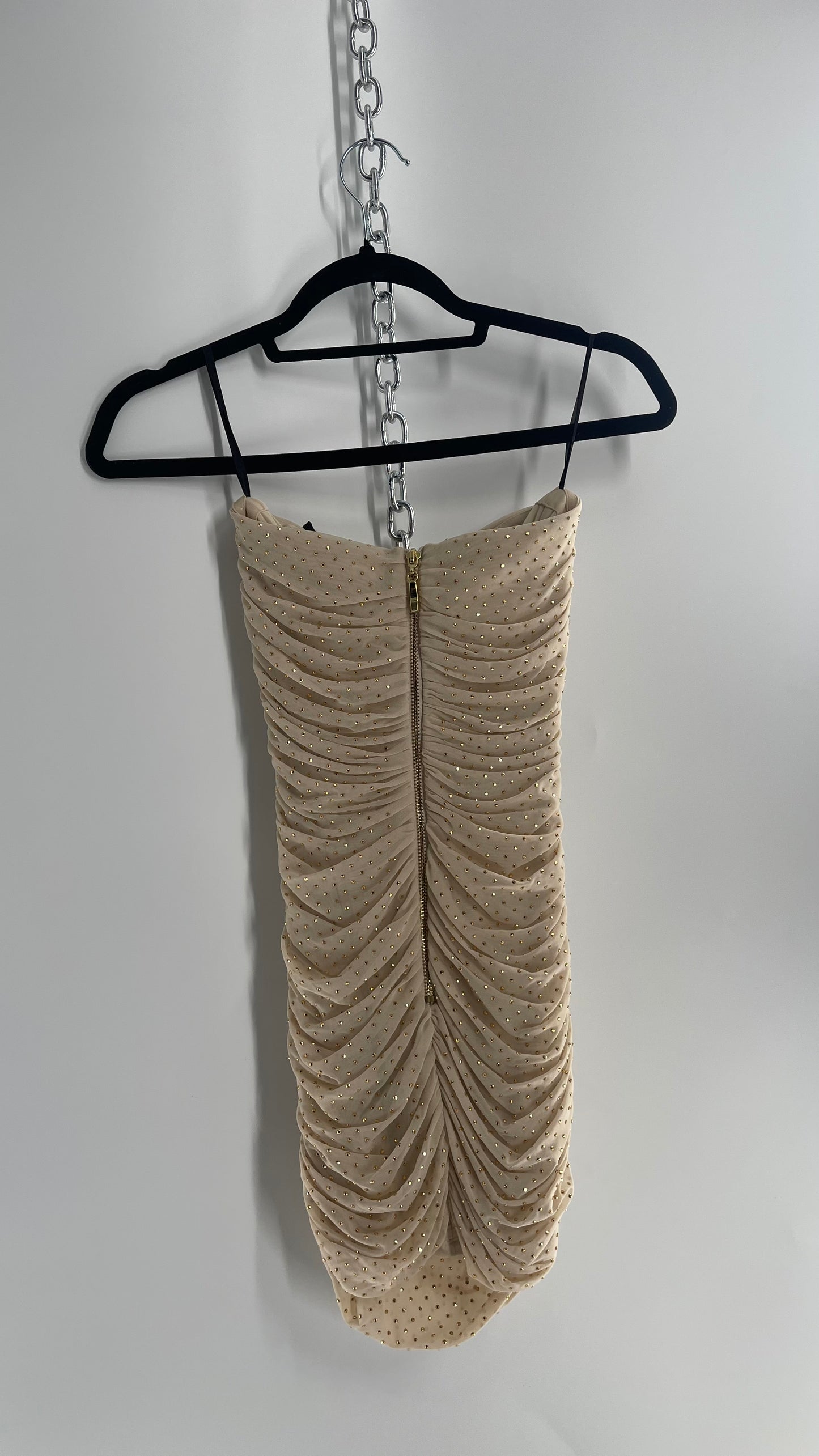 Vintage BEBE Beige Gold Studded, Ruched Mini Dress with Built In Corset (XXS)
