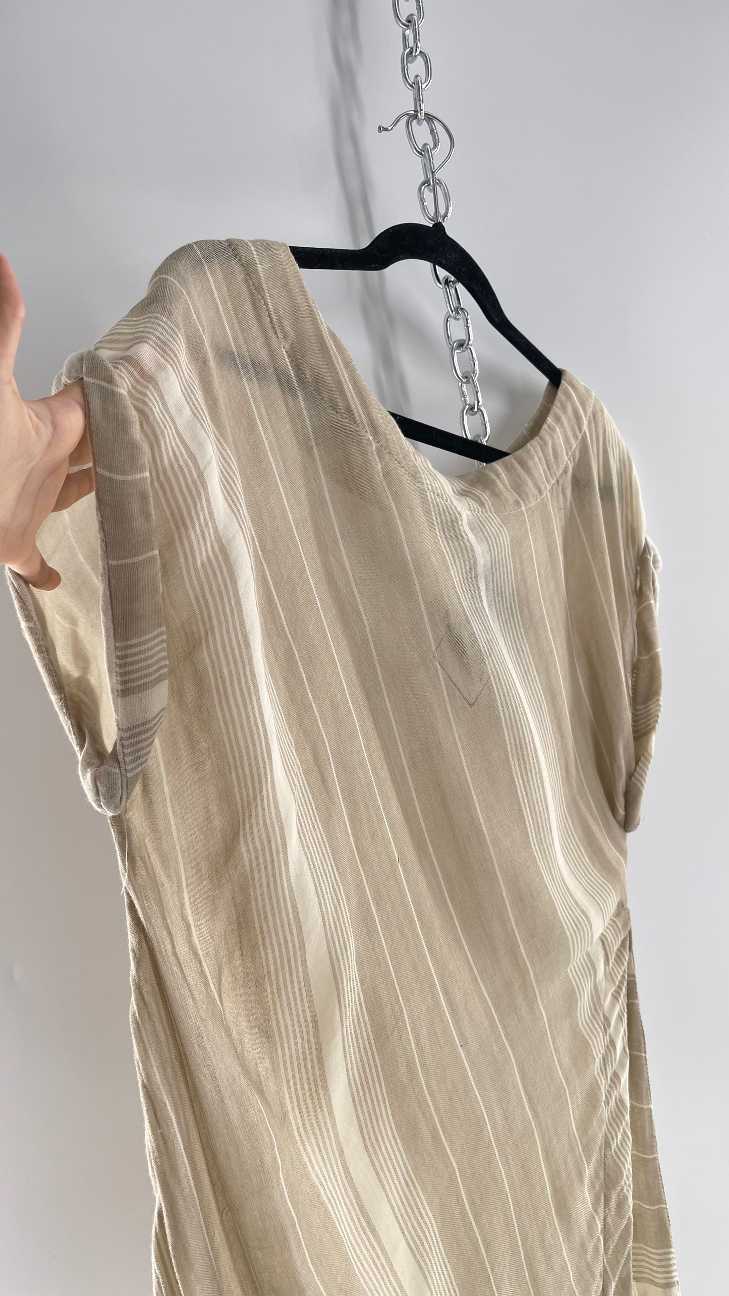 Free People Clay/Tan Striped 100% Cotton Rolled Sleeve Side Slit Relaxed Midi Dress (S)
