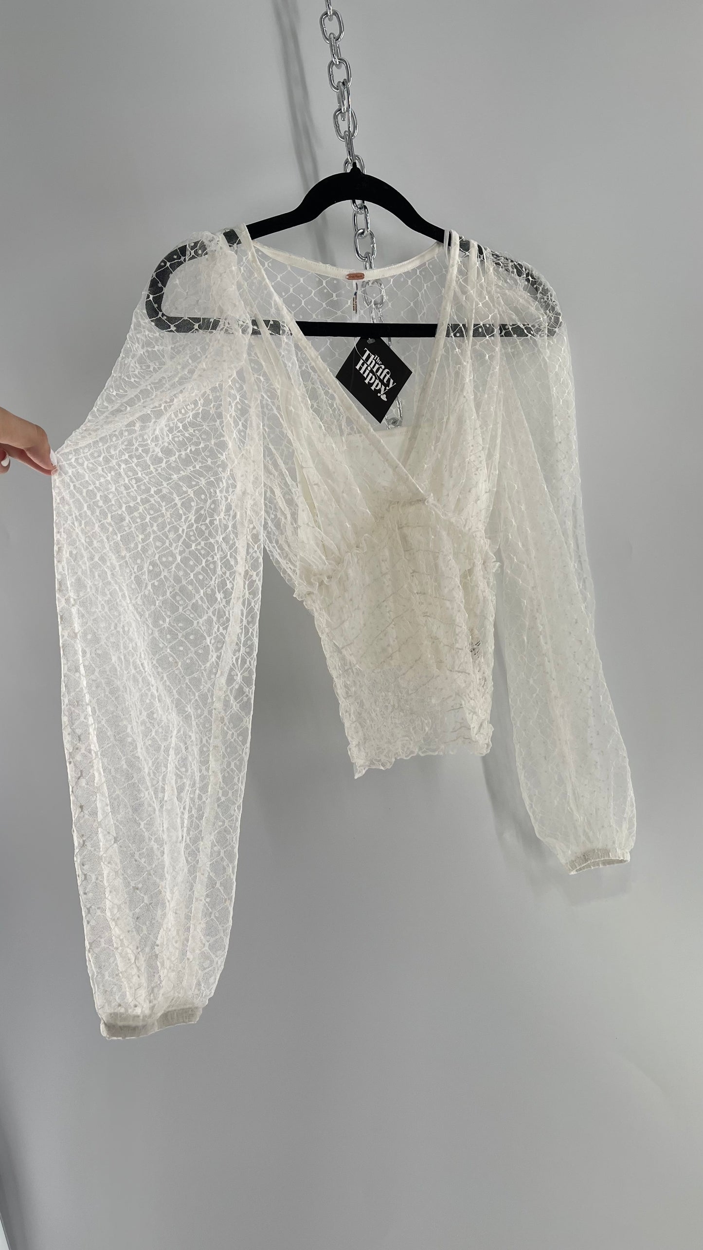Free People White Embroidered Mesh Blouse with Keyhole Back and Balloon Sleeves (XS)