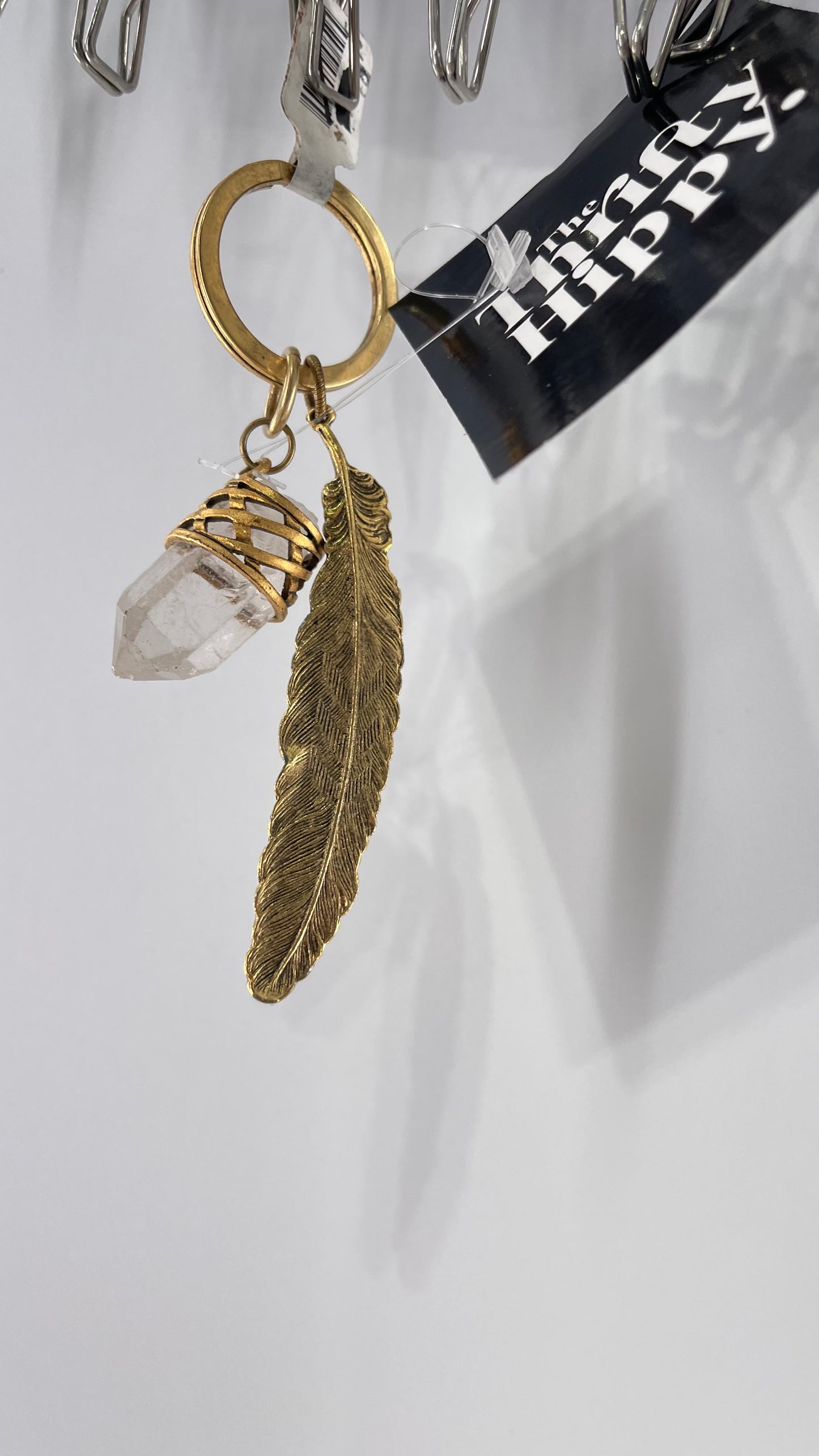 Free People Gold Metal Crystal Keychain with Feather