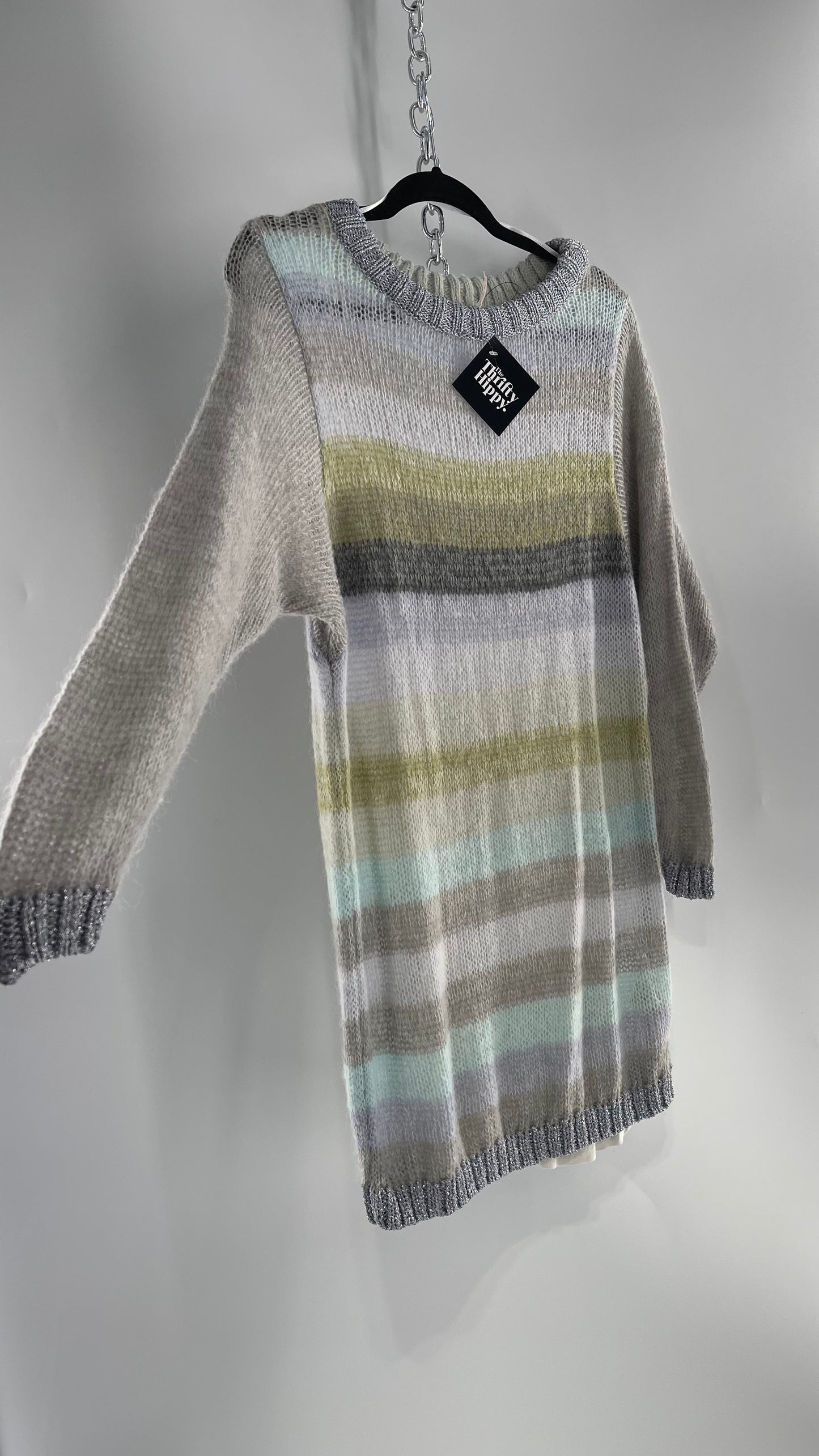 Free People Striped Sweater with Glitter Knit Cuffs and Collar (XS)