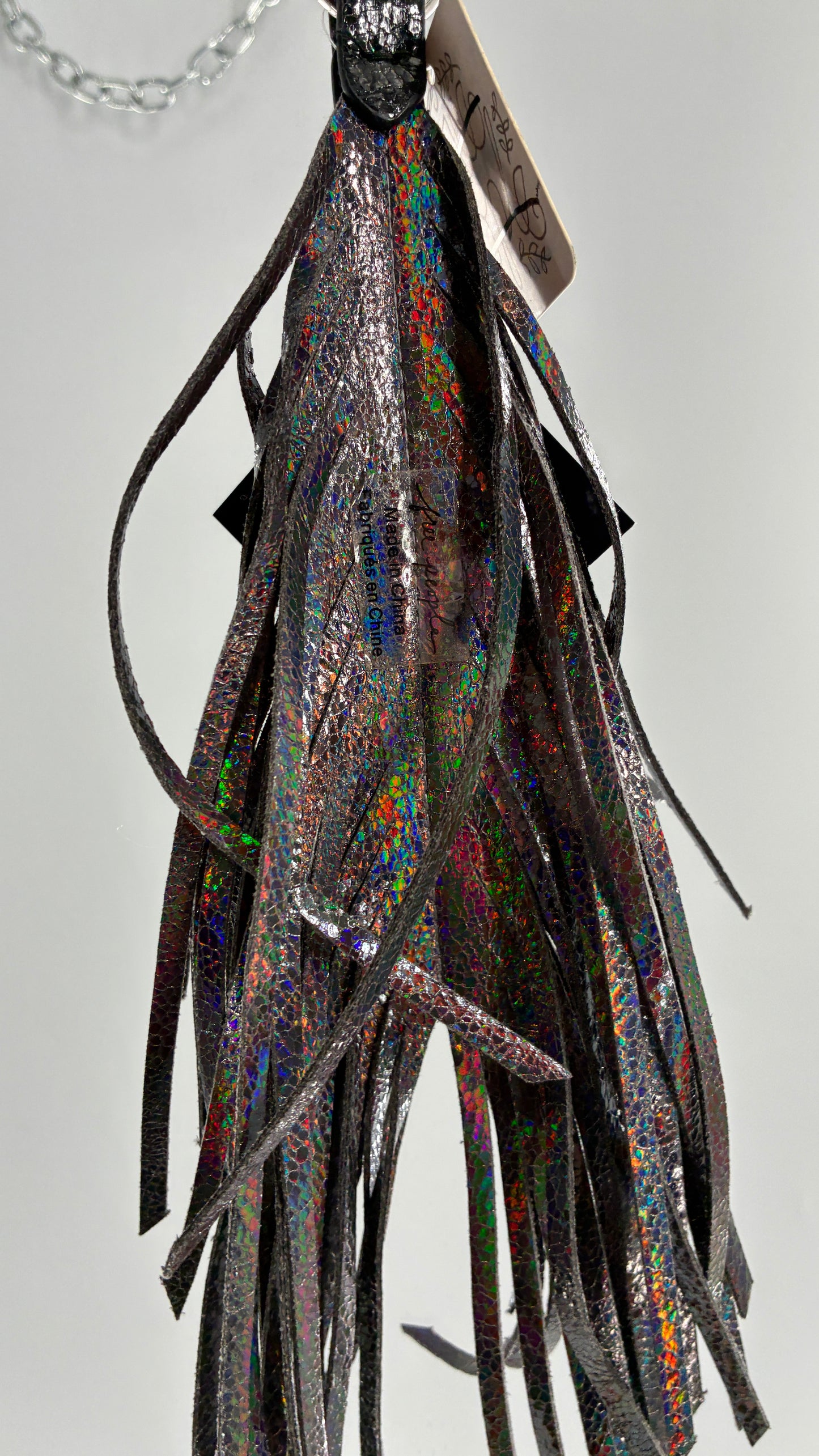 Free People Iridescent Silver Leather Feather Keychain Ring with Tags Attached