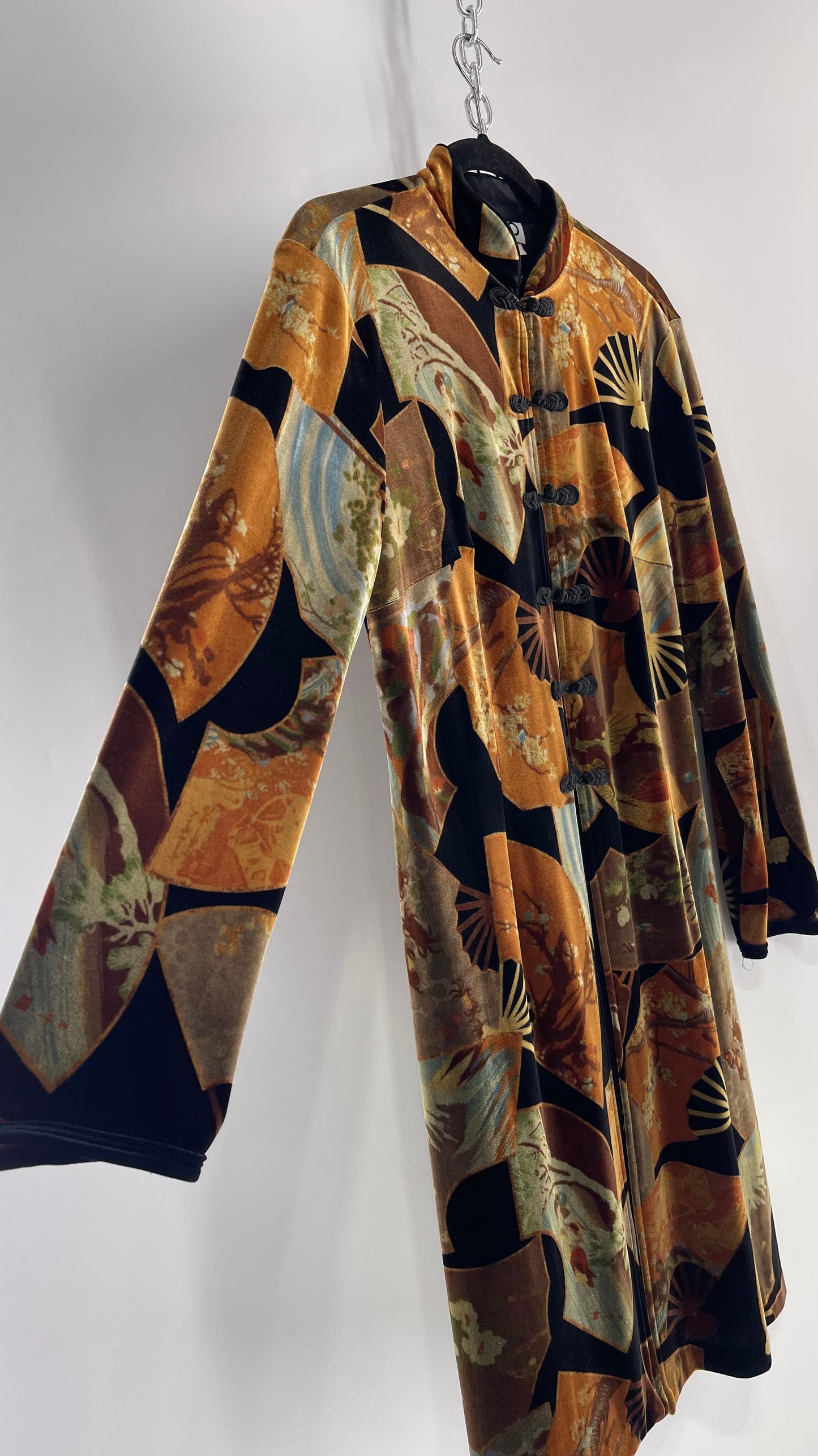Vintage CLIO 1990s Black Velvet/Velour Fan Patterned Duster Coat (Medium)