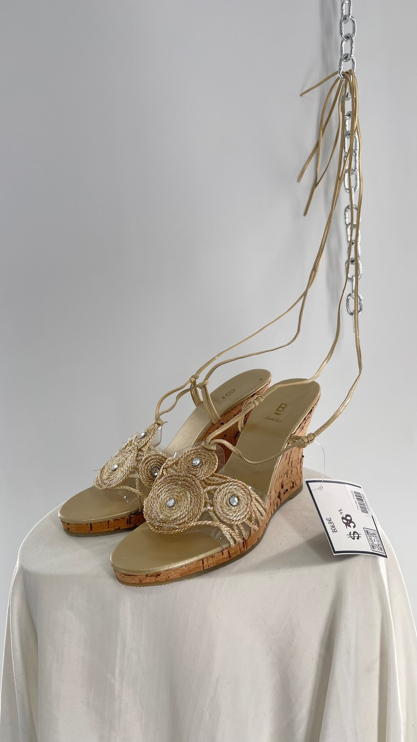 Vintage Bakers Cork Wedge Strappy Neutral Bedazzled Heel (8)