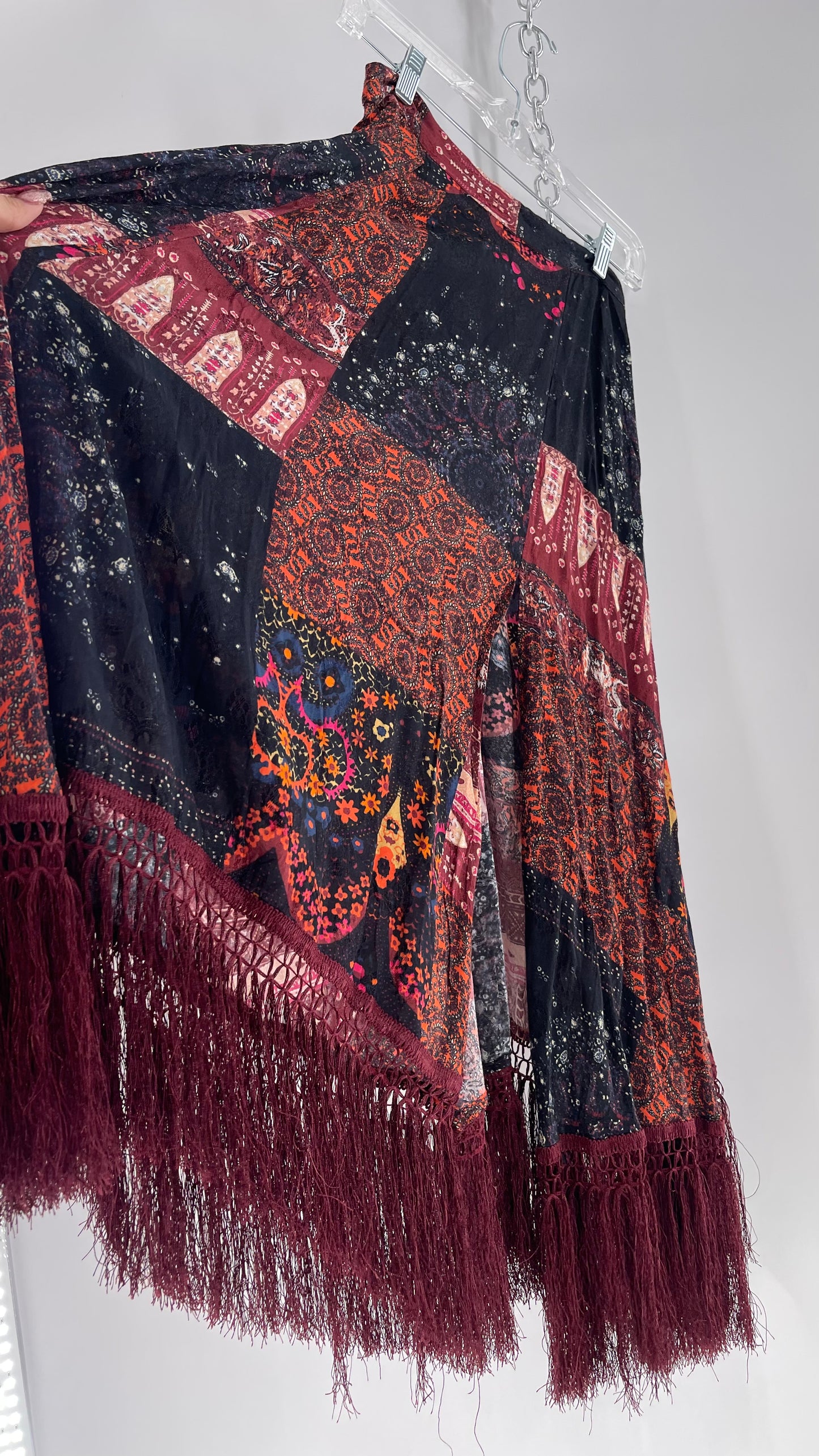 Free People Burgundy Satin Patchwork Patterned Fringe Full Length Skirt with Embossed Symbols and Side Slit Tags Attached (0)