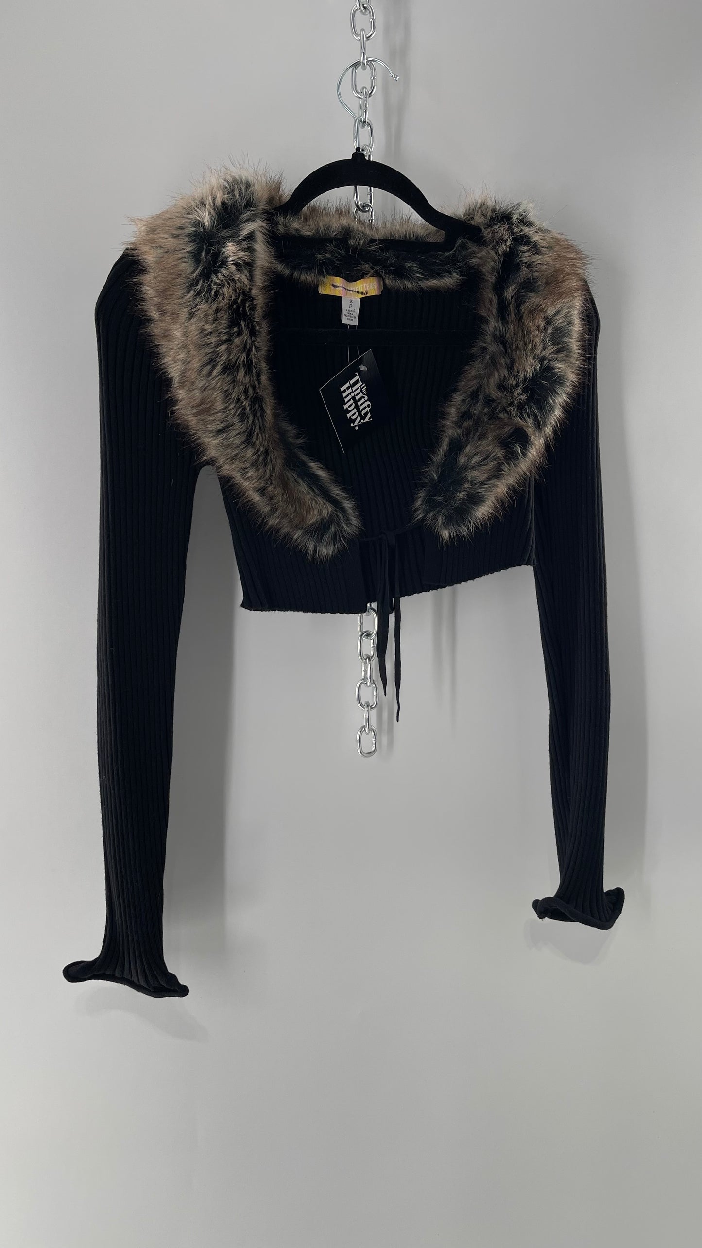 Urban Outfitters Black Knit Cardigan Izzy Ribbed Shrug with Faux Fur Collar (S)