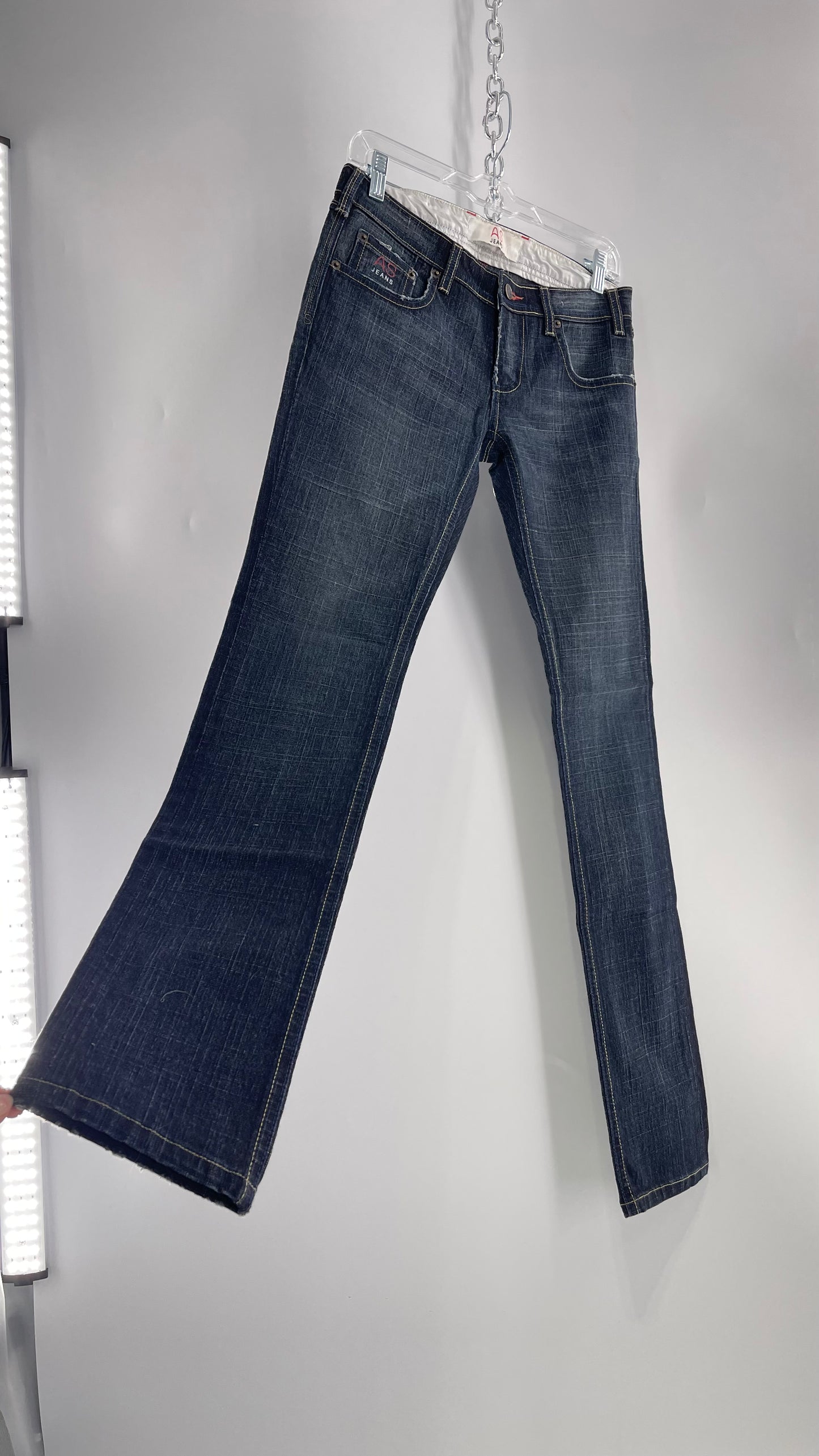 Vintage Smart AS JEANS Dark Wash with Grain and Embroidered/Embellished Kiss Rock Logo (28)