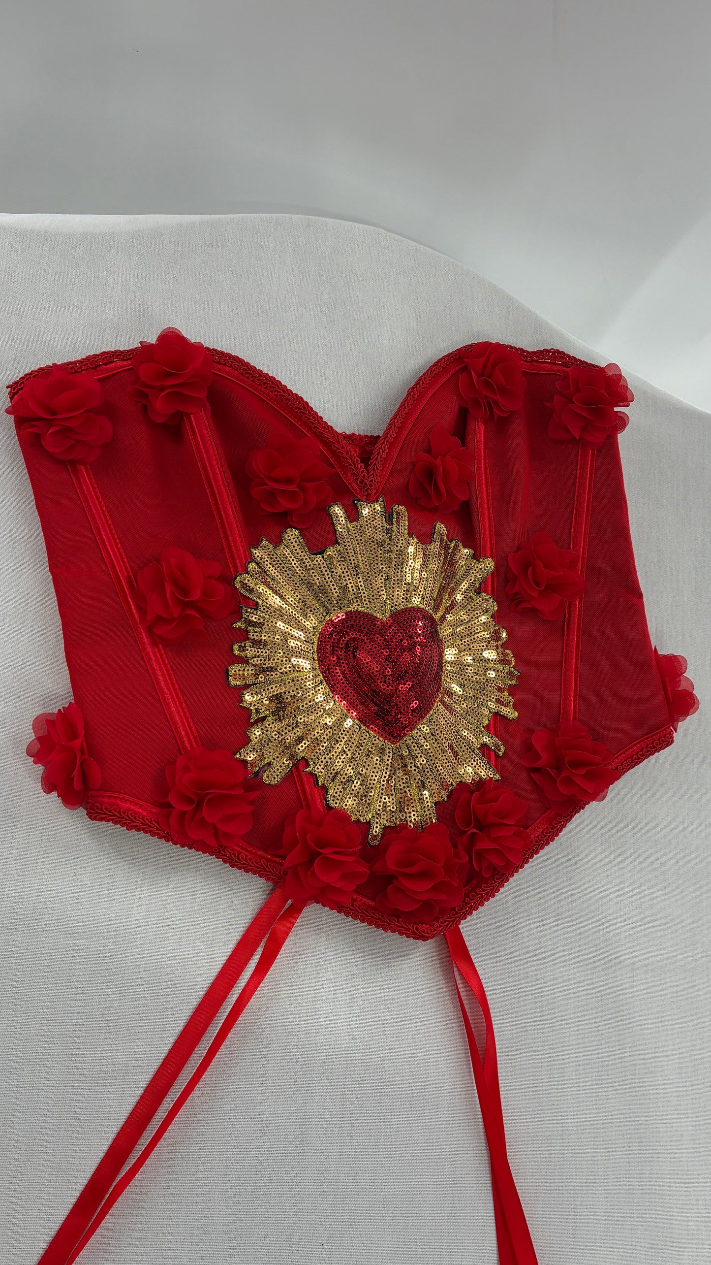 Red Handmade Corset with Rosette Appliqués and Sequin Heart Design (Small)
