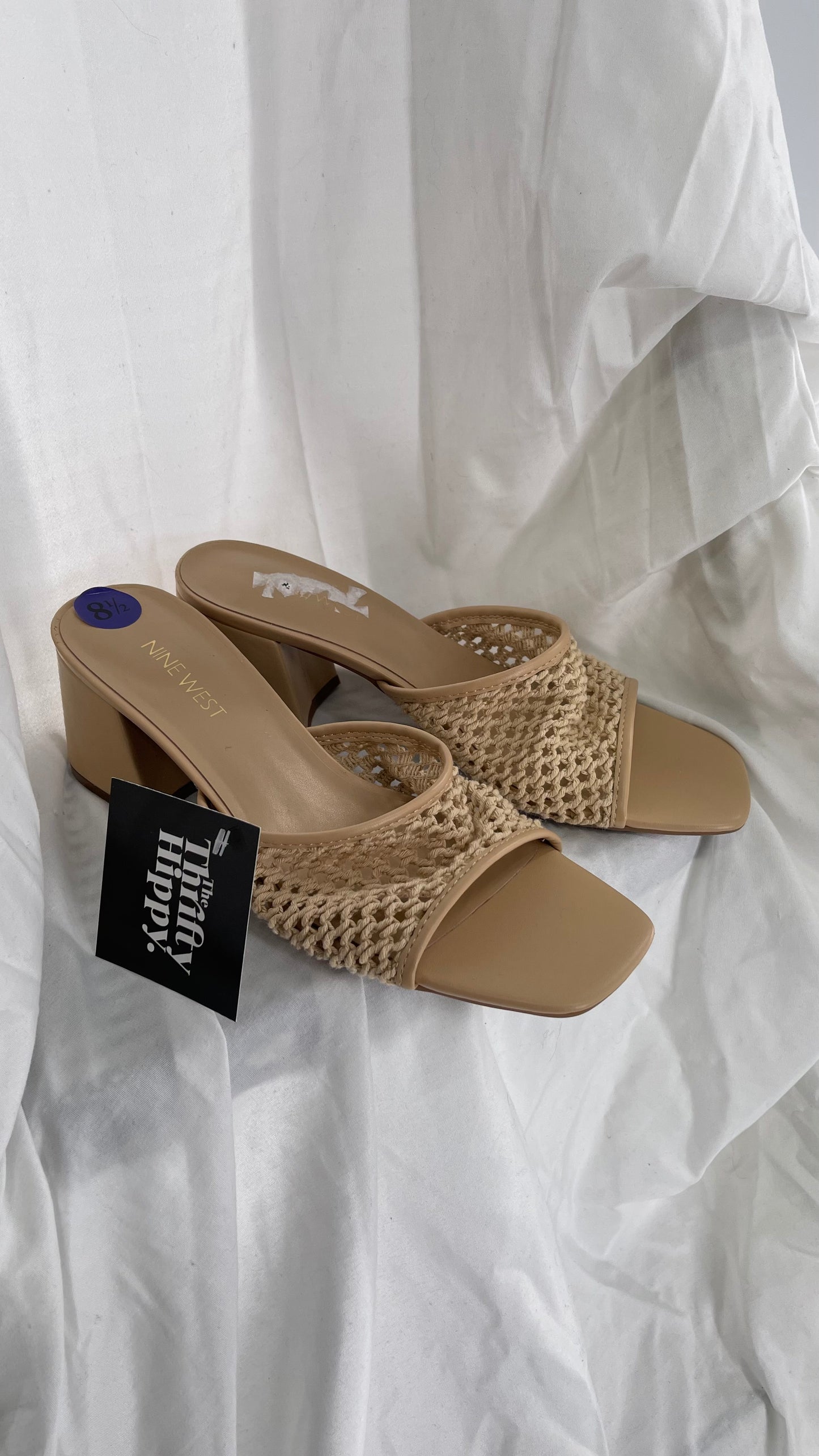 Vintage NINE WEST Neutral Tan Mesh Block Kitten Heel/Mule (8.5)