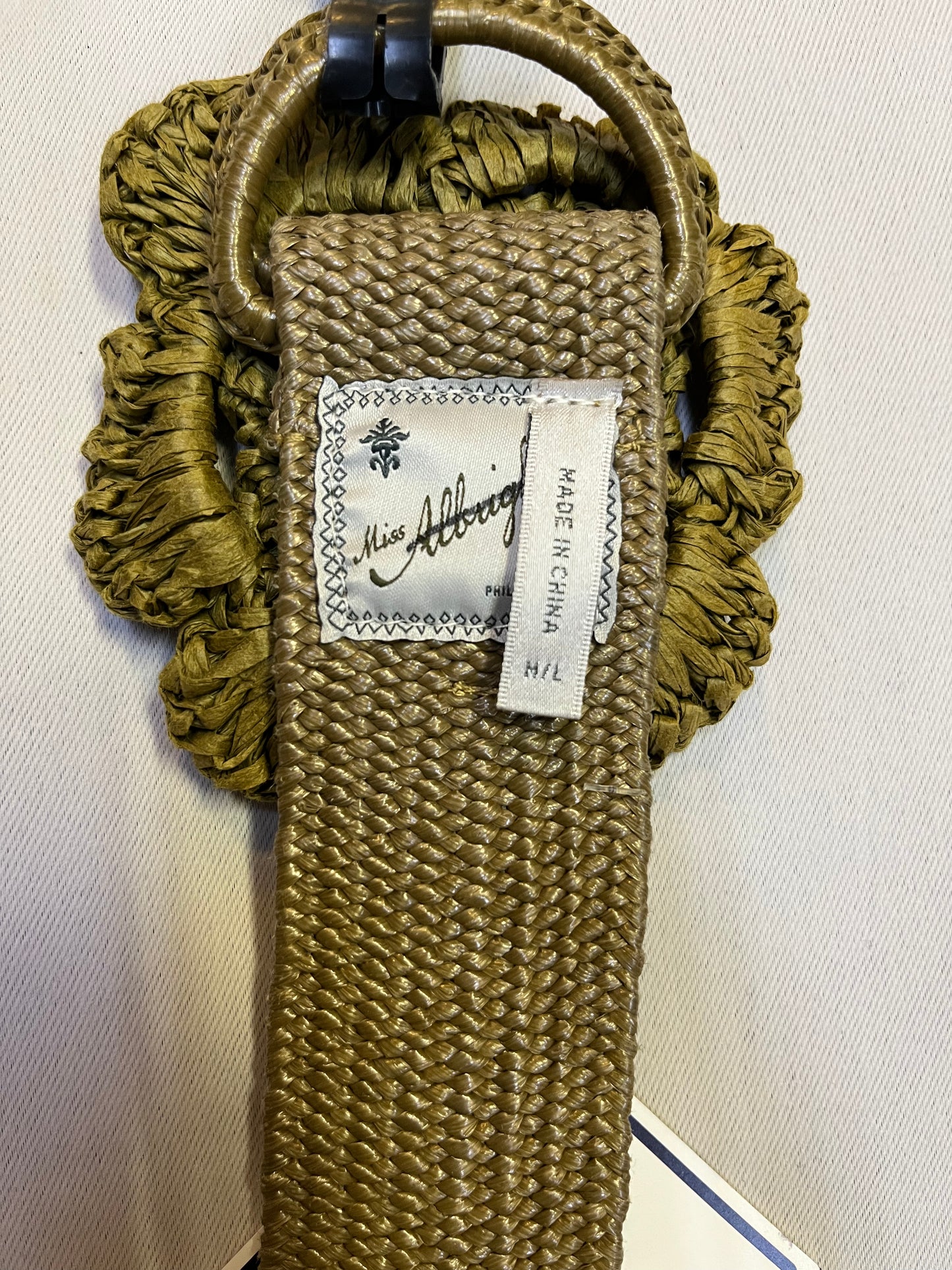 Vintage Miss Albright Elastic Tan Woven Belt with Artisan Looking Crochet Flower (M/L)