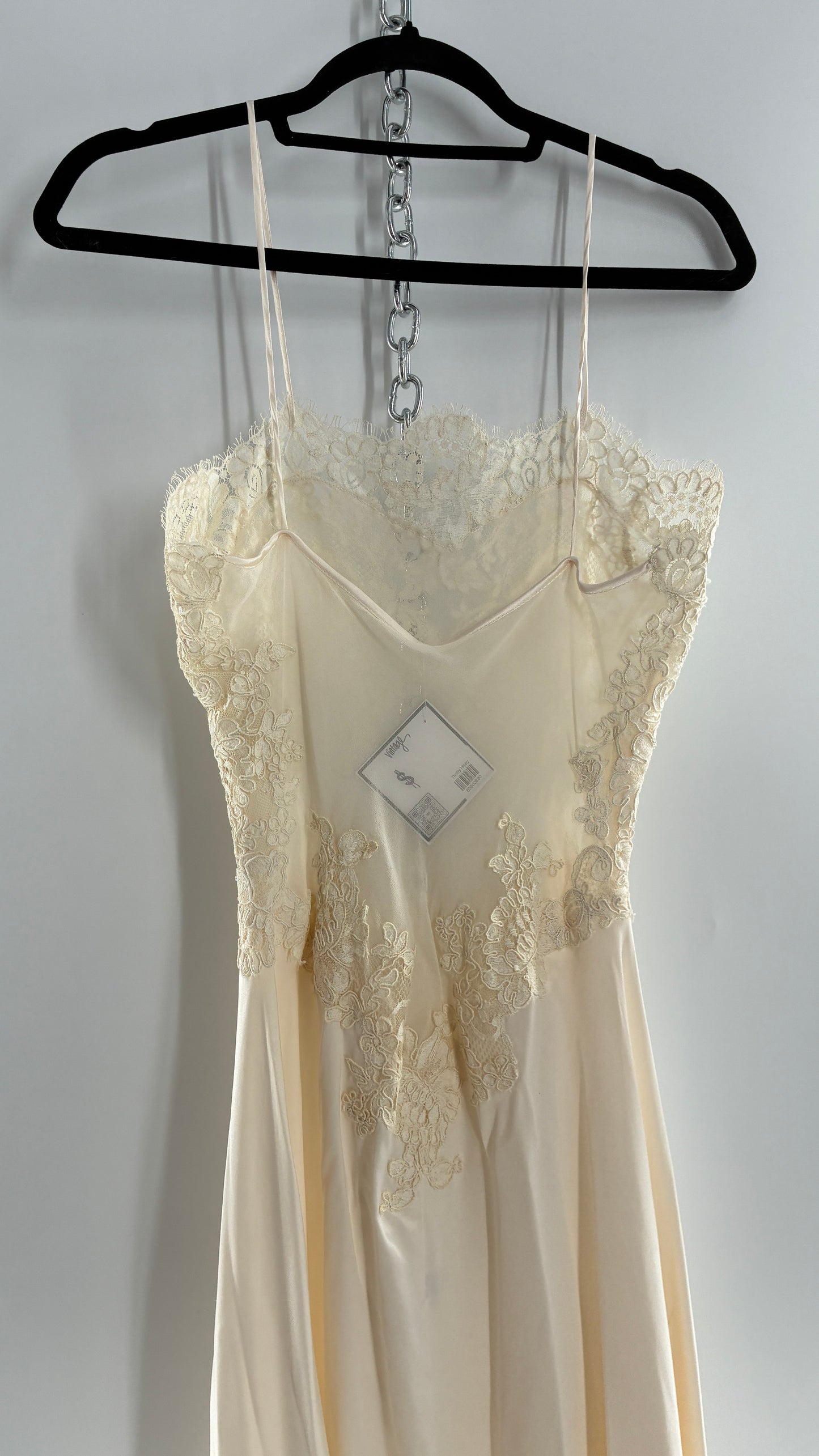 Vintage JONQUIL 100% Silk Gown with Heavy Lace Appliqués and Low Cut Sheer Back (Medium)