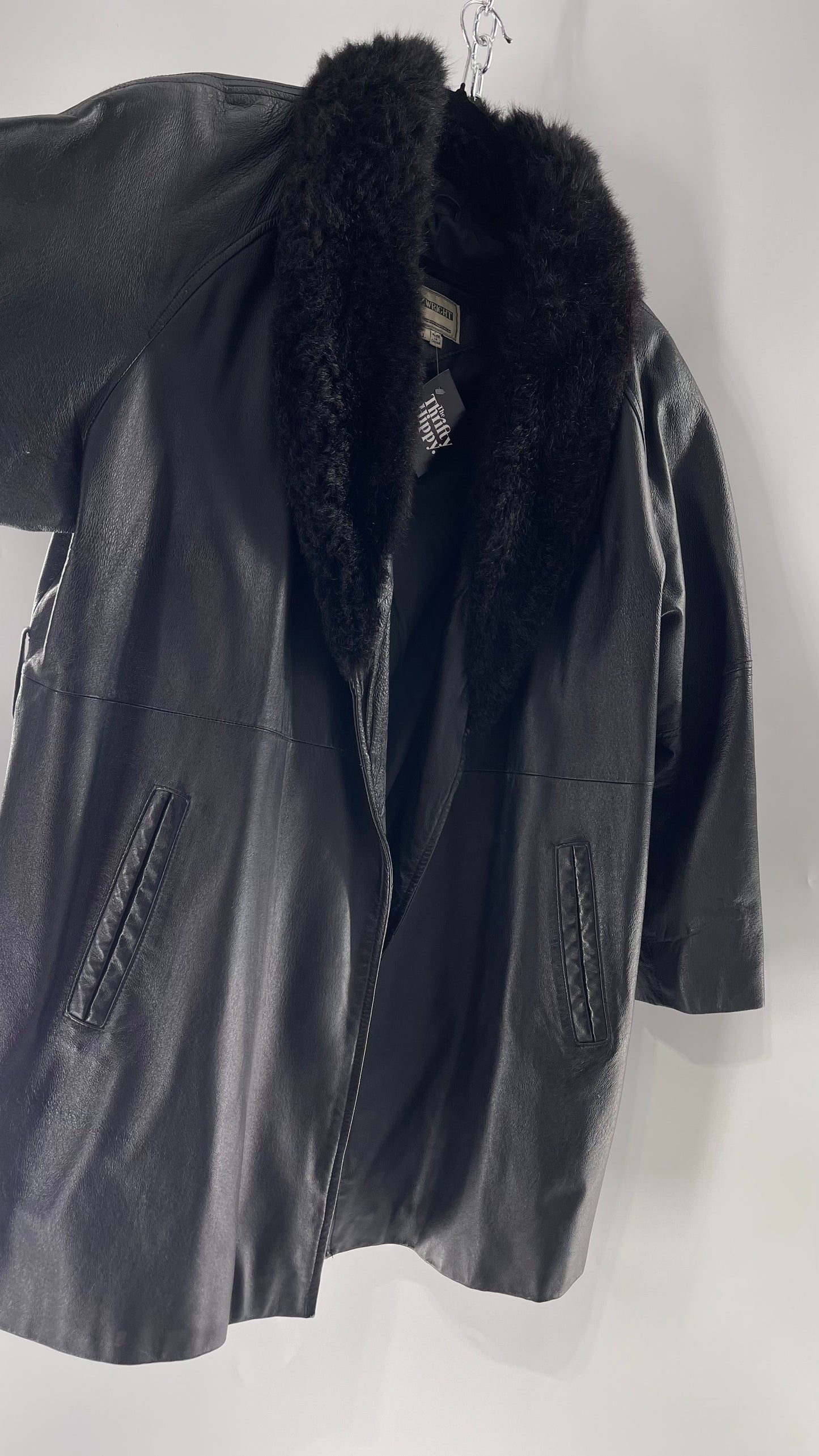 FITZWRIGHT Vintage Black Leather Coat with New Zealand Opposum Fur Collar and Faux Fur Belt (C)(Large)