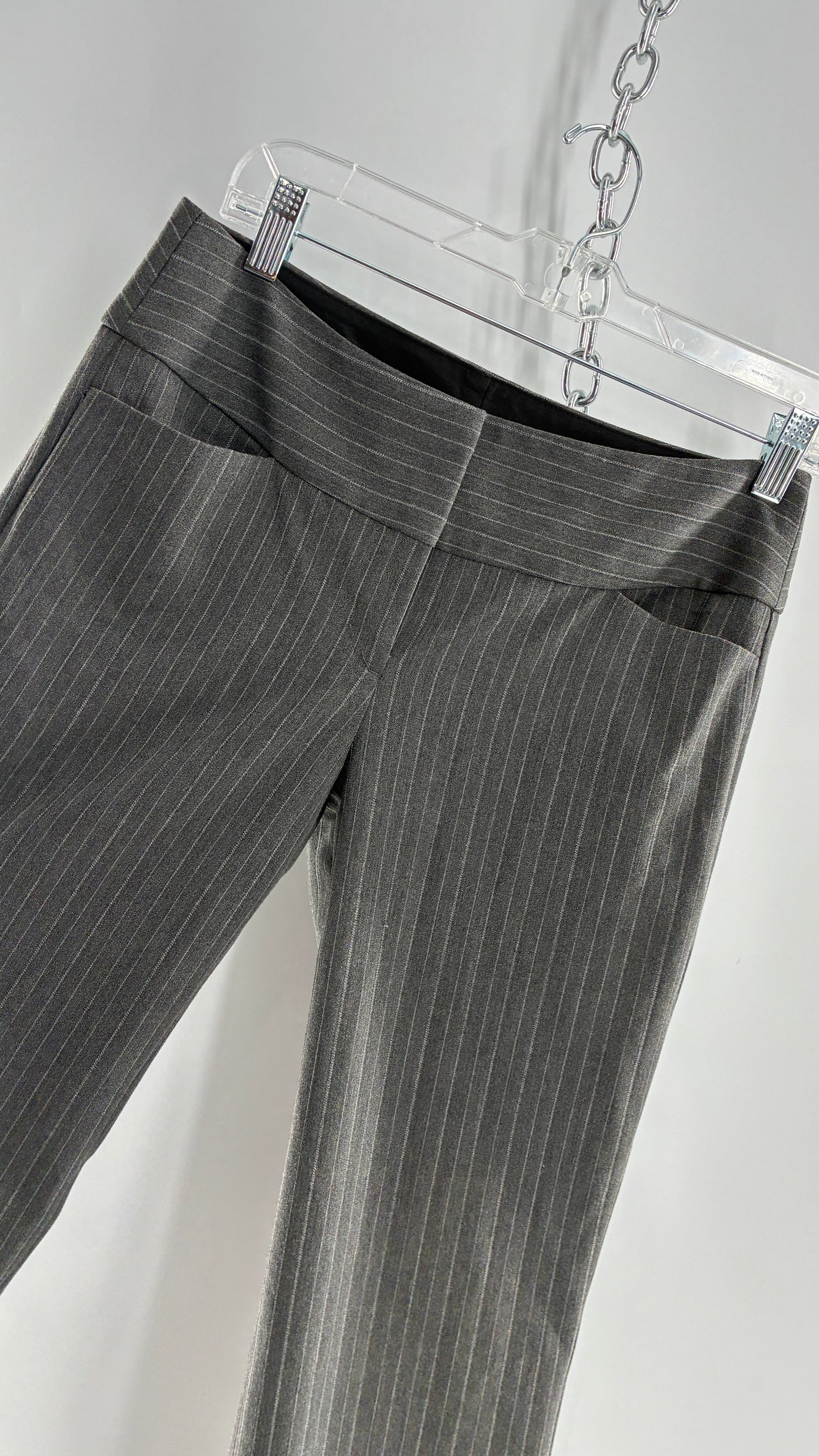 Vintage 1990s EXPRESS Editor Dark Grey Pinstripe Ultra Low Rise Thick Hip Band Kick Flares (2)