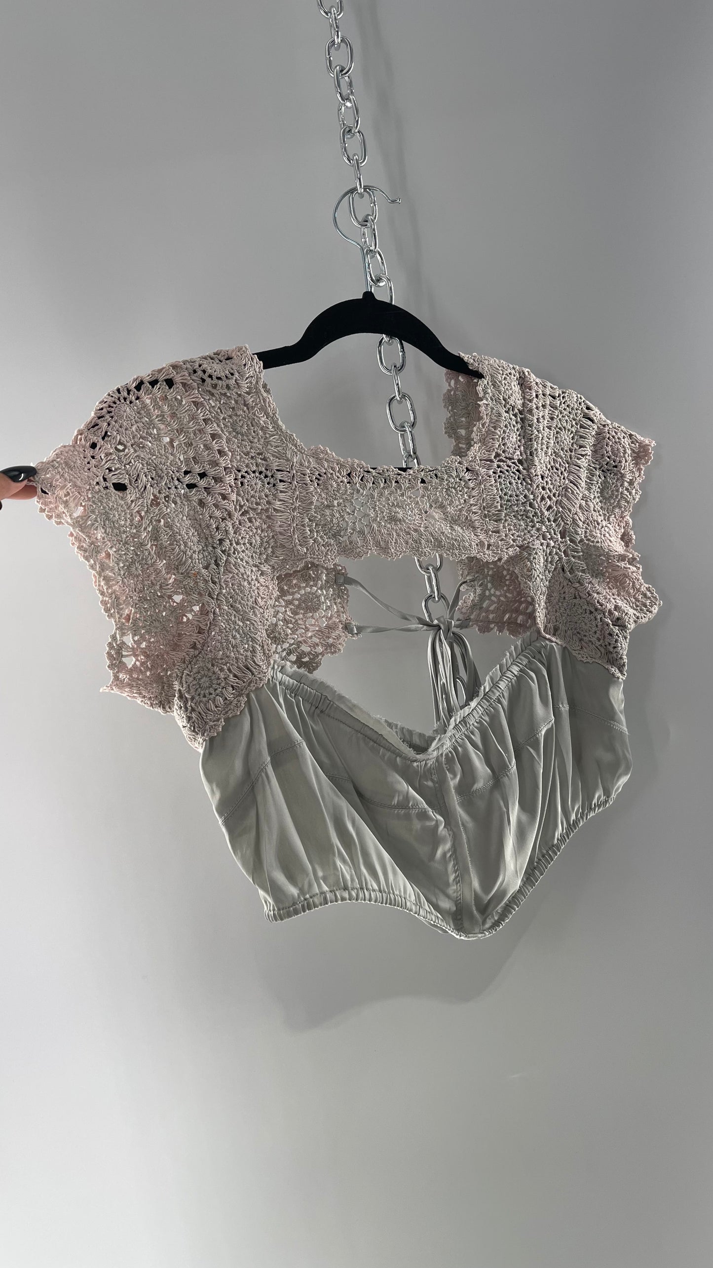 Intimately Free People Silver Satin Cropped Bustier with Crochet Shrug High Neckline (Large)