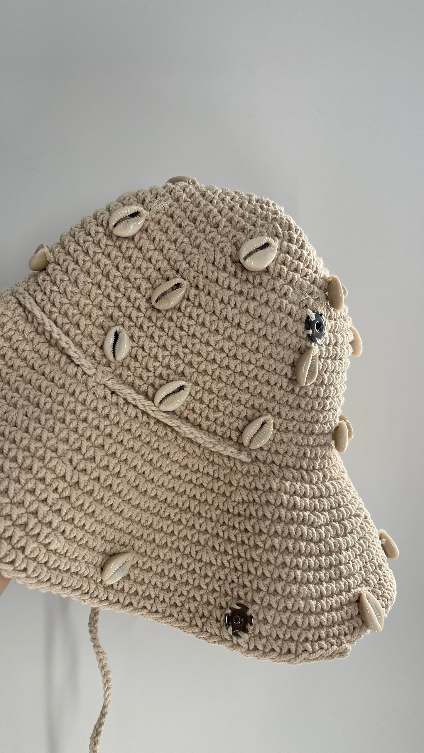 Heavy Knit Crochet Off White Sun Hat with Sewn On Shells and Button Sides