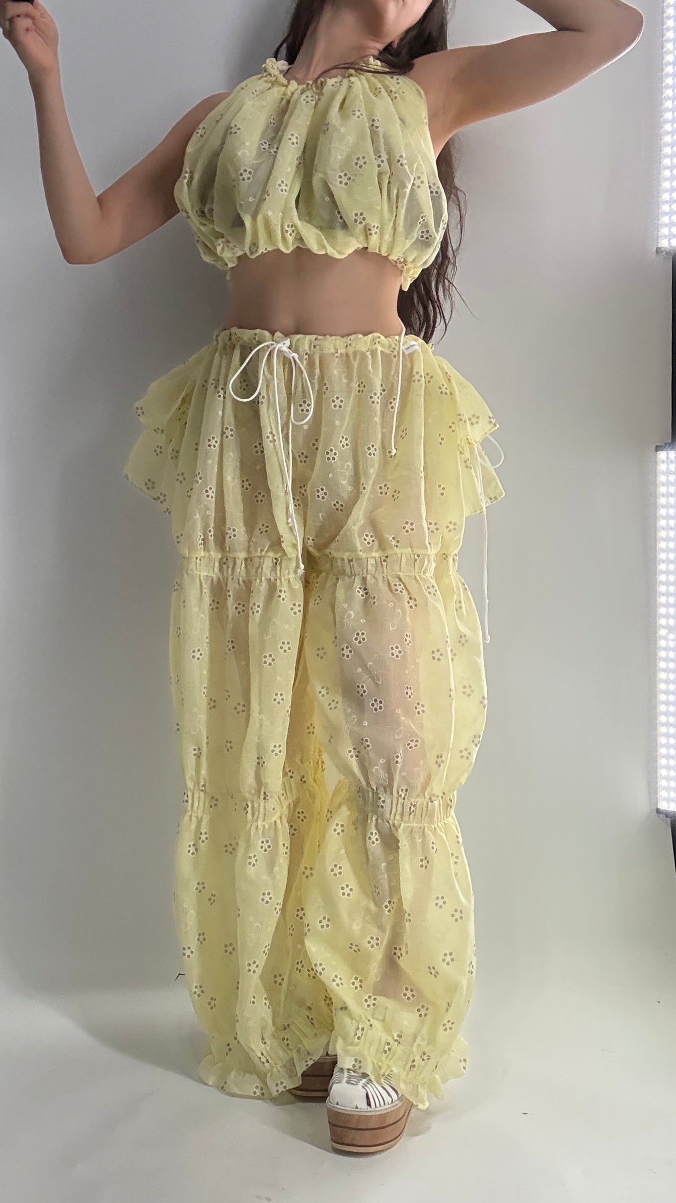 Vintage Handmade 2pc Baby Yellow Set with Tiered Pants, Ruffled Bum, and Floral Eyelet Pattern (XS-M)