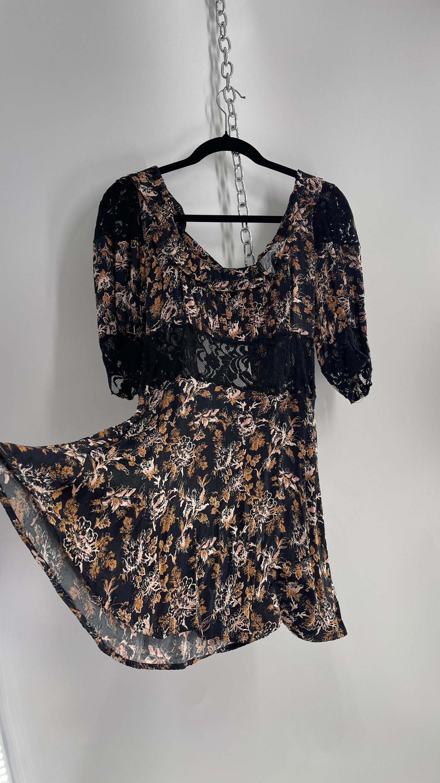 Free People Black Floral Mini Dress with Open Back and Lace Details (4)