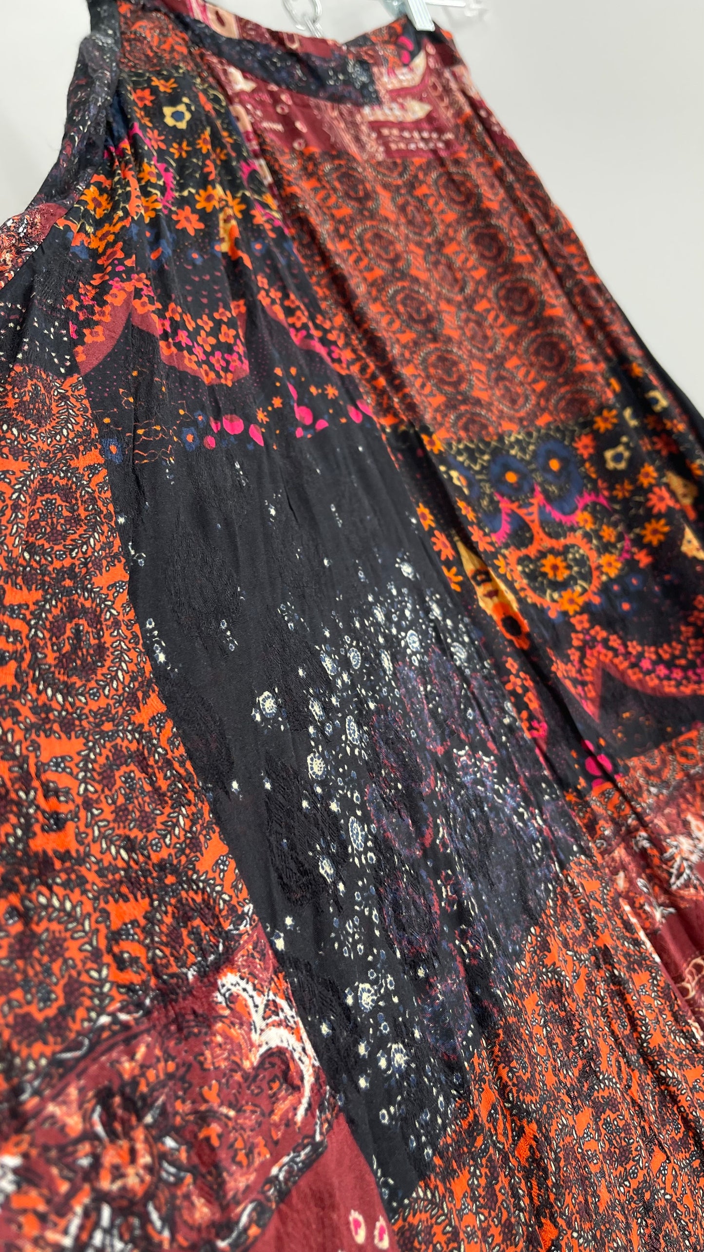Free People Burgundy Satin Patchwork Patterned Fringe Full Length Skirt with Embossed Symbols and Side Slit Tags Attached (0)