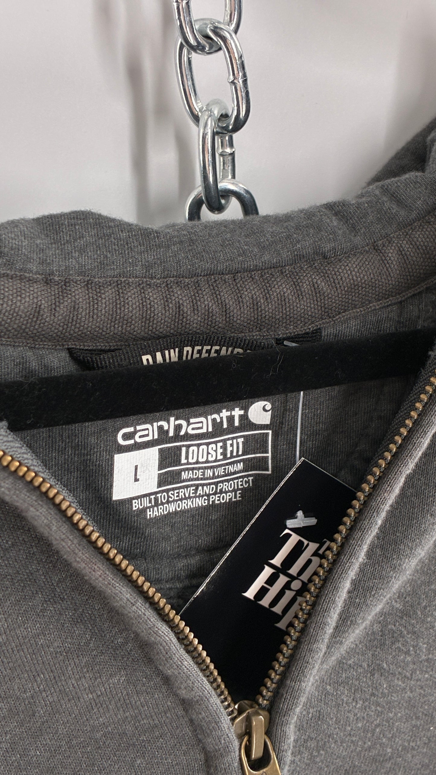 CARHARTT Rain Defender Charcoal Grey Full Zip Heavy Knit Hoodie (Large)