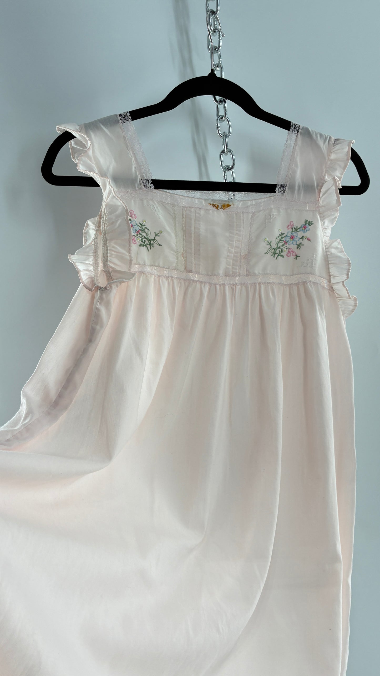 Vintage Barbarie Baby Pink Nightgown Style Dress with Embroidered Florals and Ruffled Straps