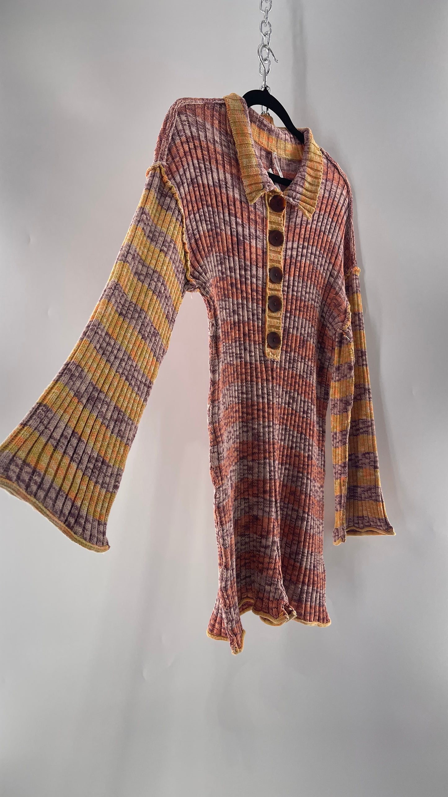 Free People Sunset Thick Knit, Collared, Brown Button Front Shorts Romper with Bell Sleeve (XS)