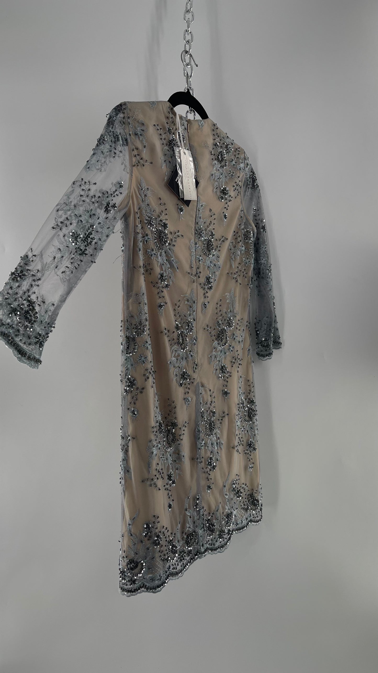 Koravilas Anthropologie Grey Mesh Embroidered Lace Long Sleeve Beaded Dress (4)