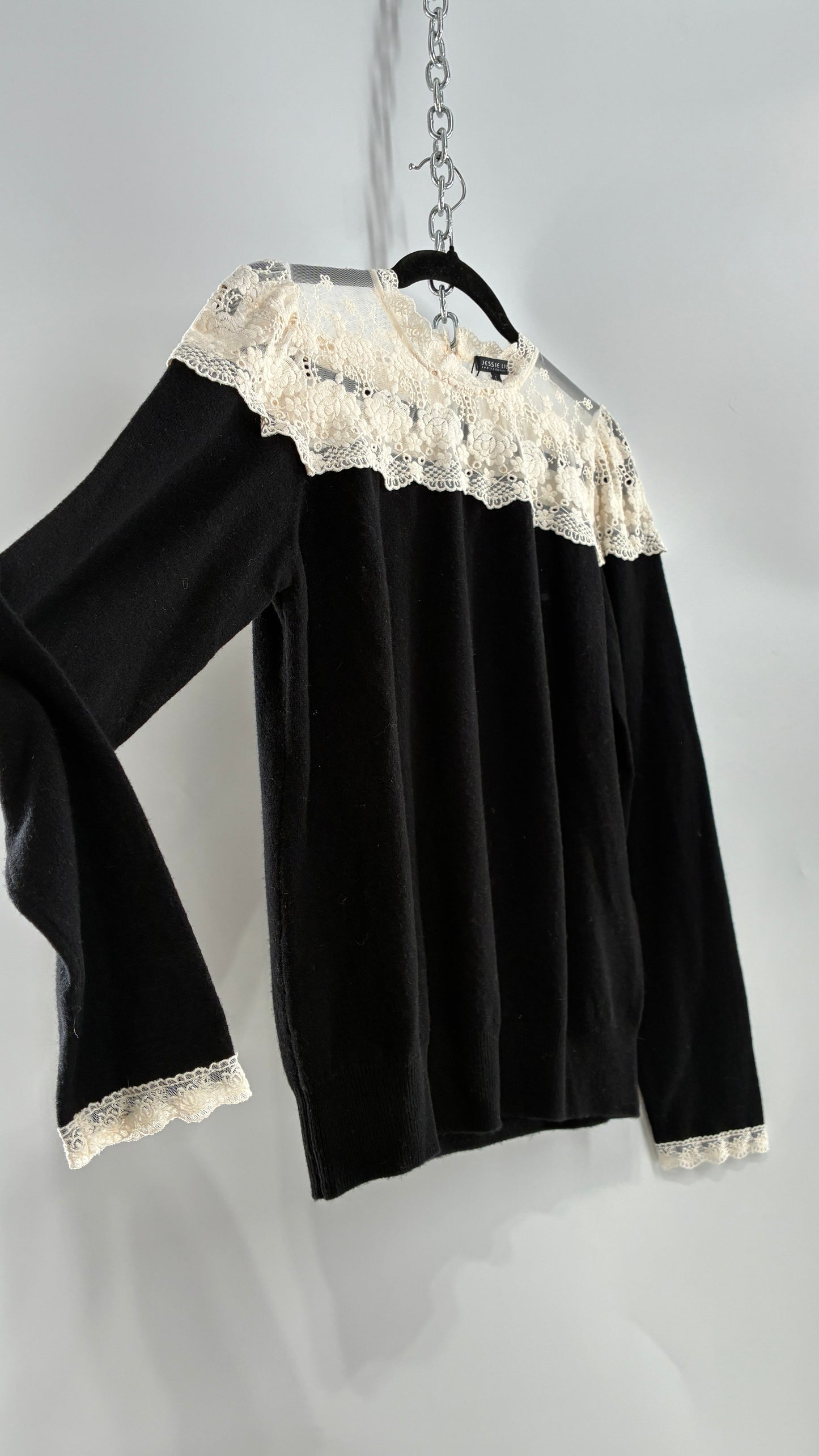 JESSIE LIU Amari Black 100% Merino Wool Sweater with Ivory Lace Neckline and Cuffs (Large)