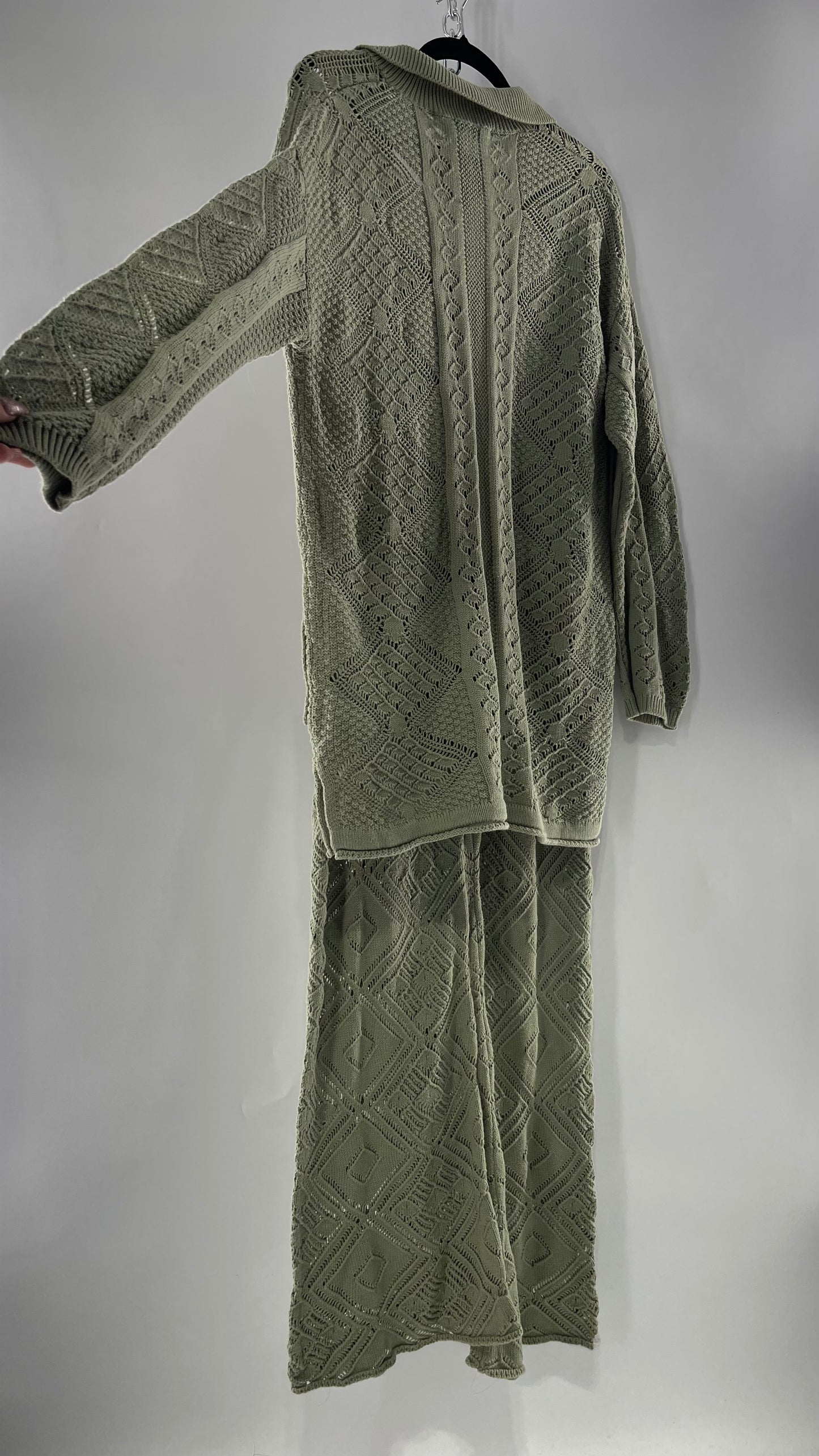 Free People Beach Sage Green Crochet Wooden Button Front Cardigan and Wide Leg Set (Medium)