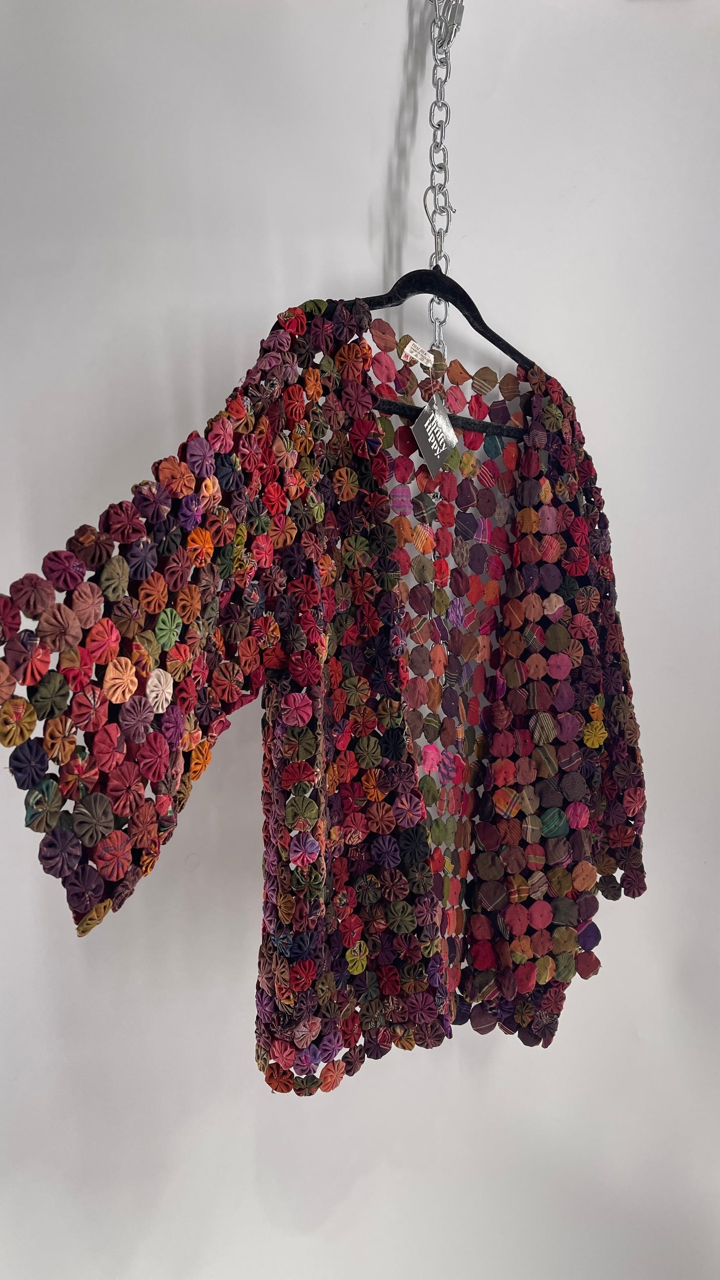 Vintage Handcrafted Multicolored Print Yo-Yo Quilt Kimono Sleeve Jacket, 1970s Thai 100% Silk