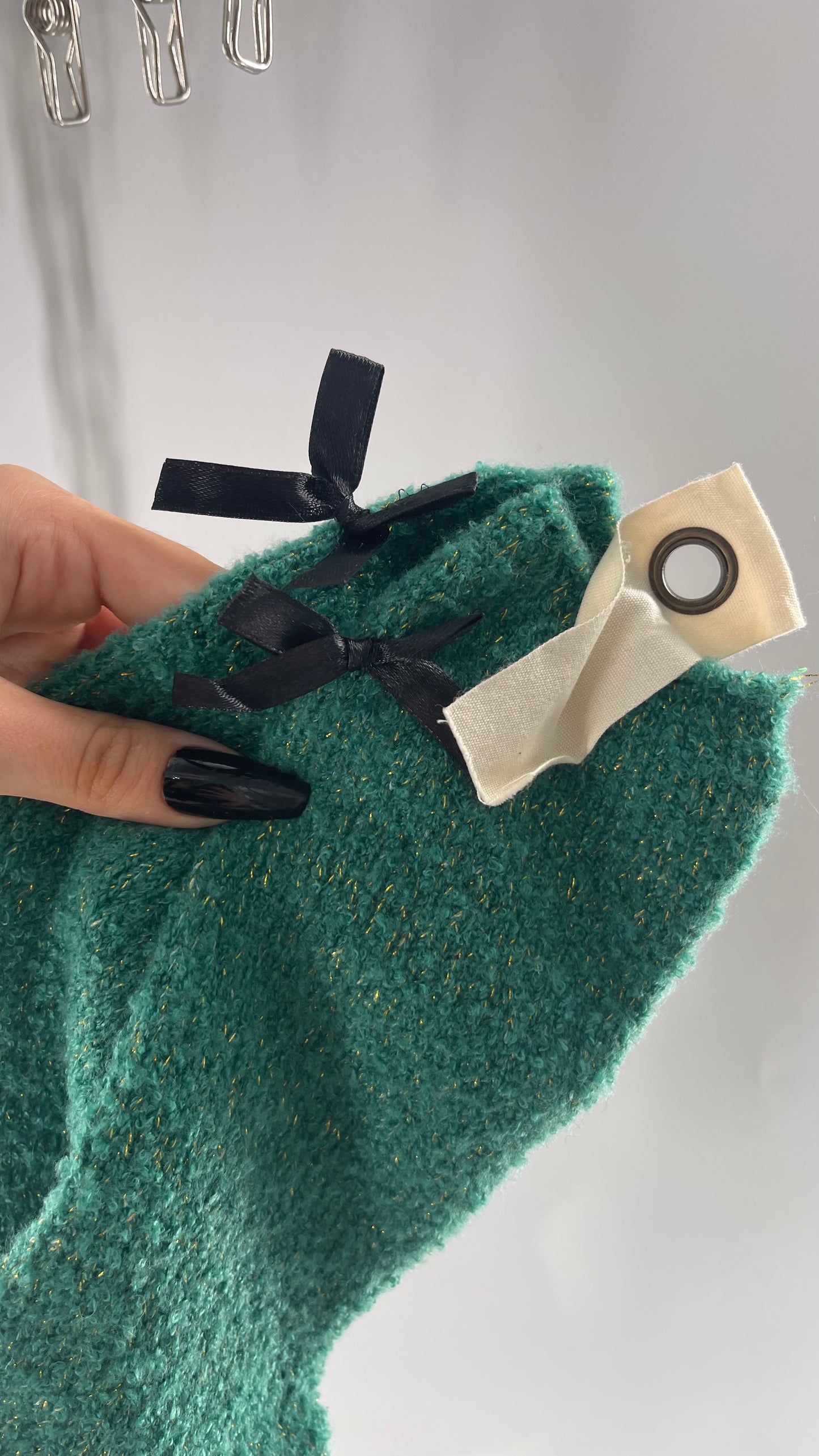 Free People Festive Green Socks with Gold Tinsel and Black Satin Bow Detail