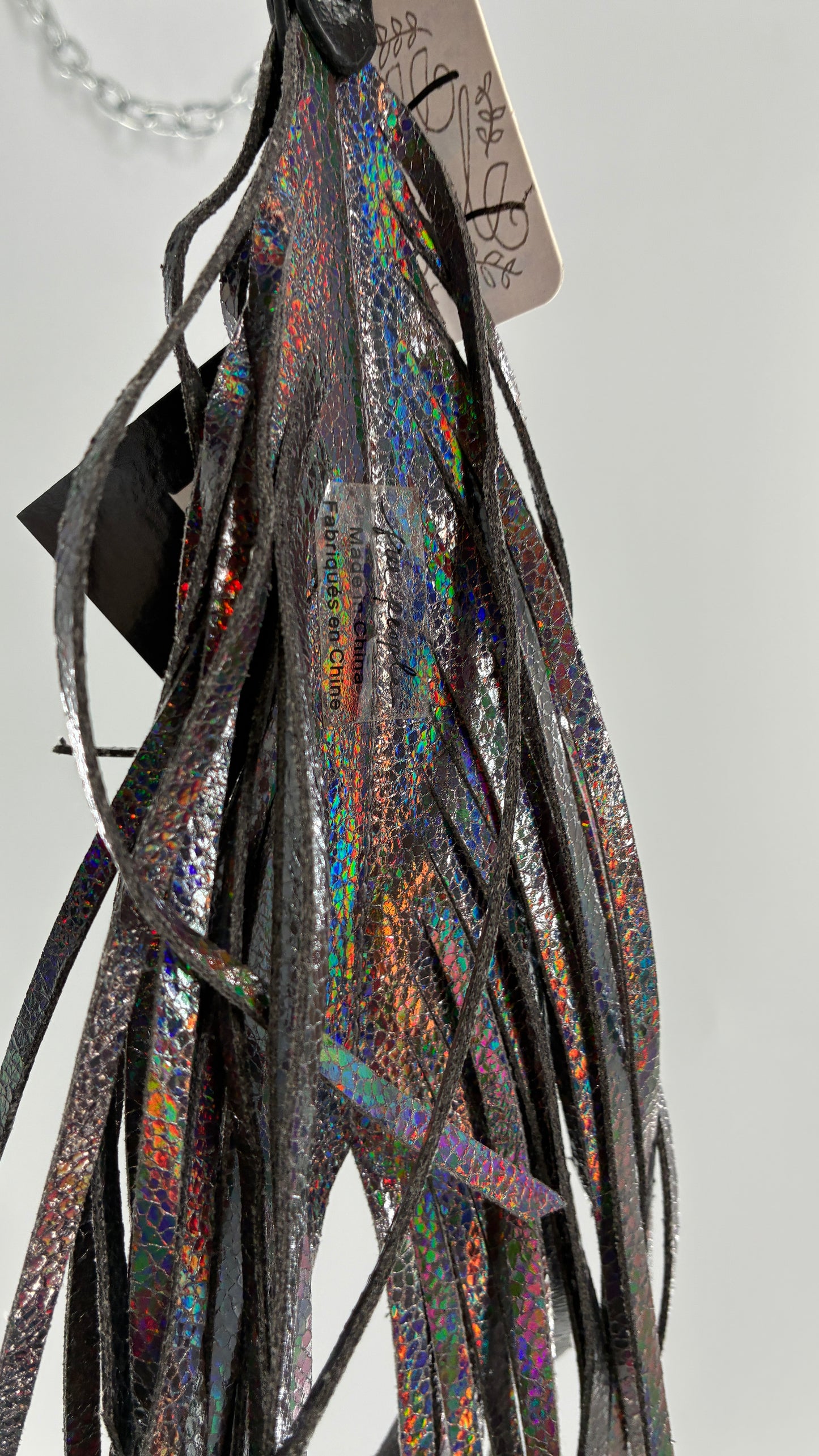 Free People Iridescent Silver Leather Feather Keychain Ring with Tags Attached