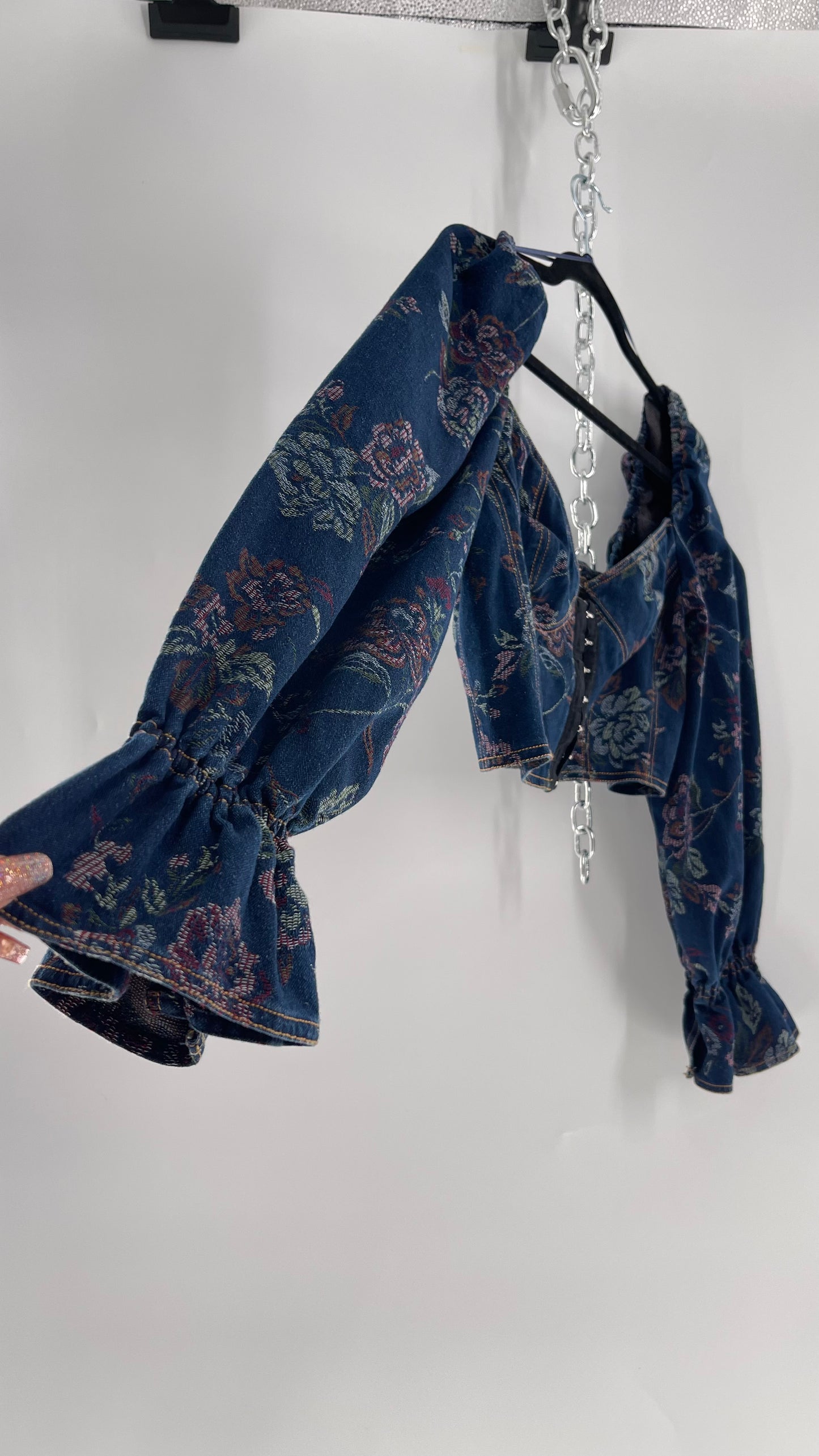 Urban Outfitters Denim Cropped Corset Grommet Balloon Sleeve Blouse (Large)