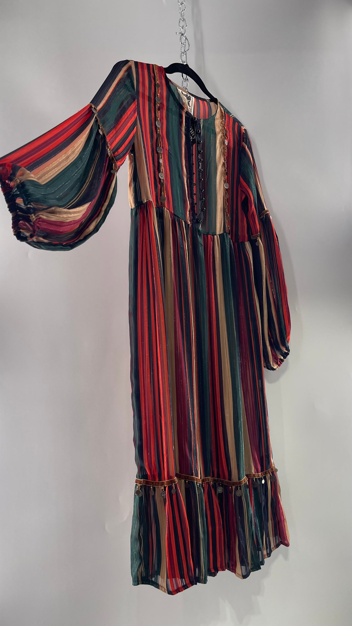 JAASE Striped MIDI Dress with Ruffled Hem, Coin Detailing, Dramatic Button Front Dress (XS)