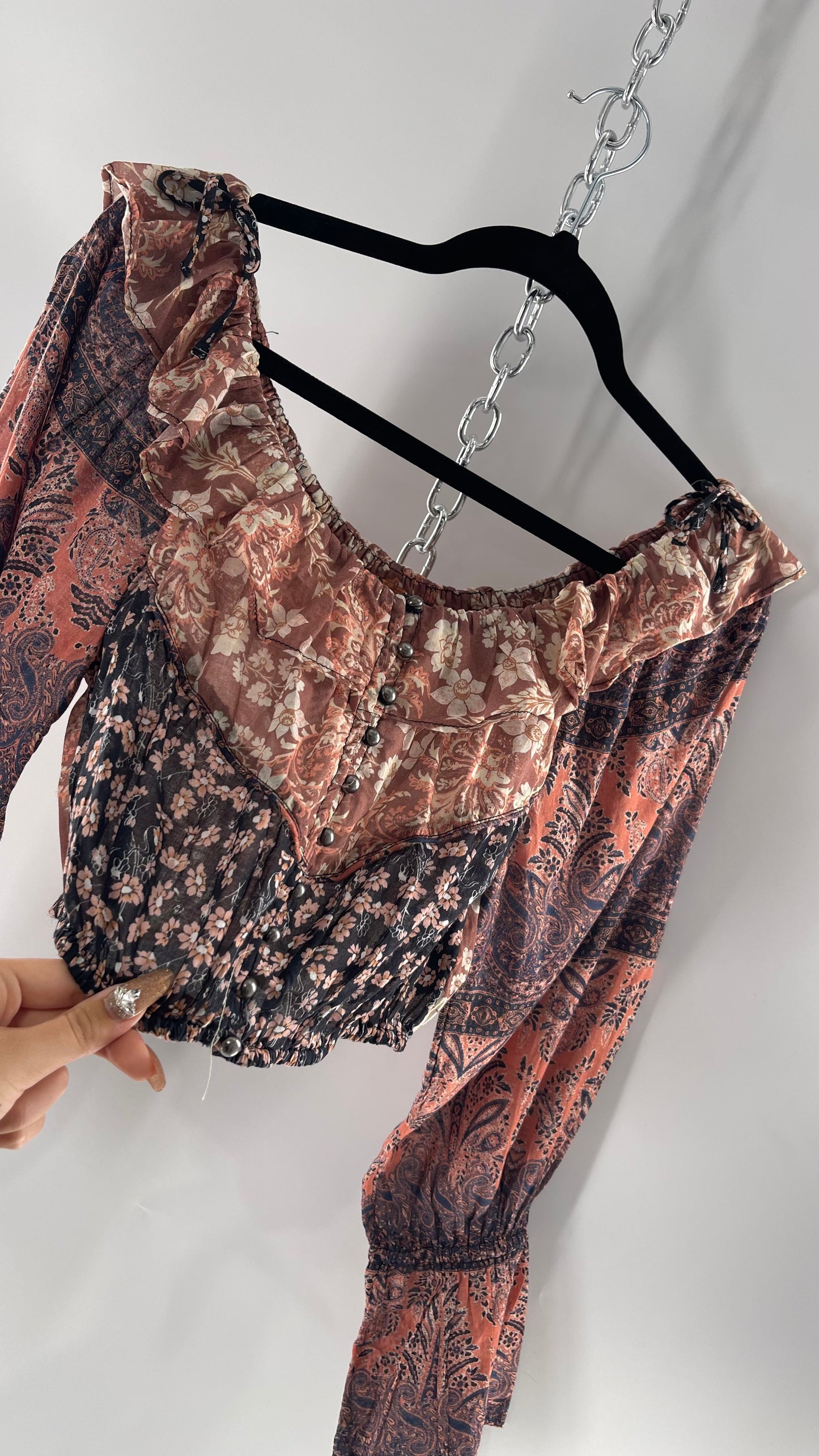 Free People Cotton Pink Blue Mixed Paisley Patterned Cropped Blouse with Bell Sleeves, Button Front and Ruffled Neckline with Bow Tie Detail (XS)