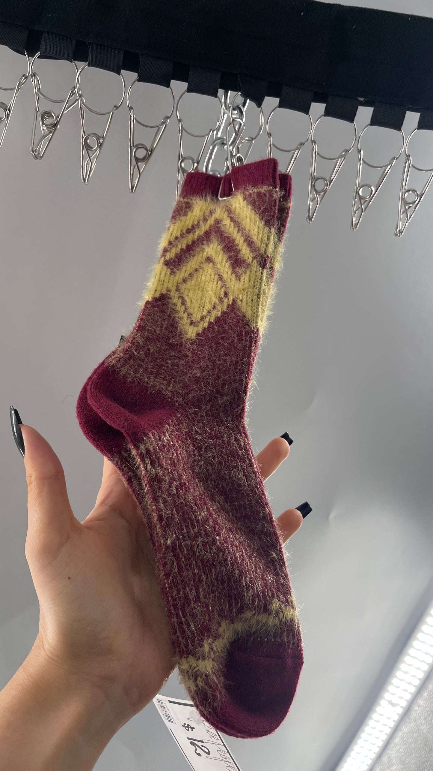 Free People Maroon/Burgundy Fuzzy Cozy Socks with Yellow Argyle Pattern