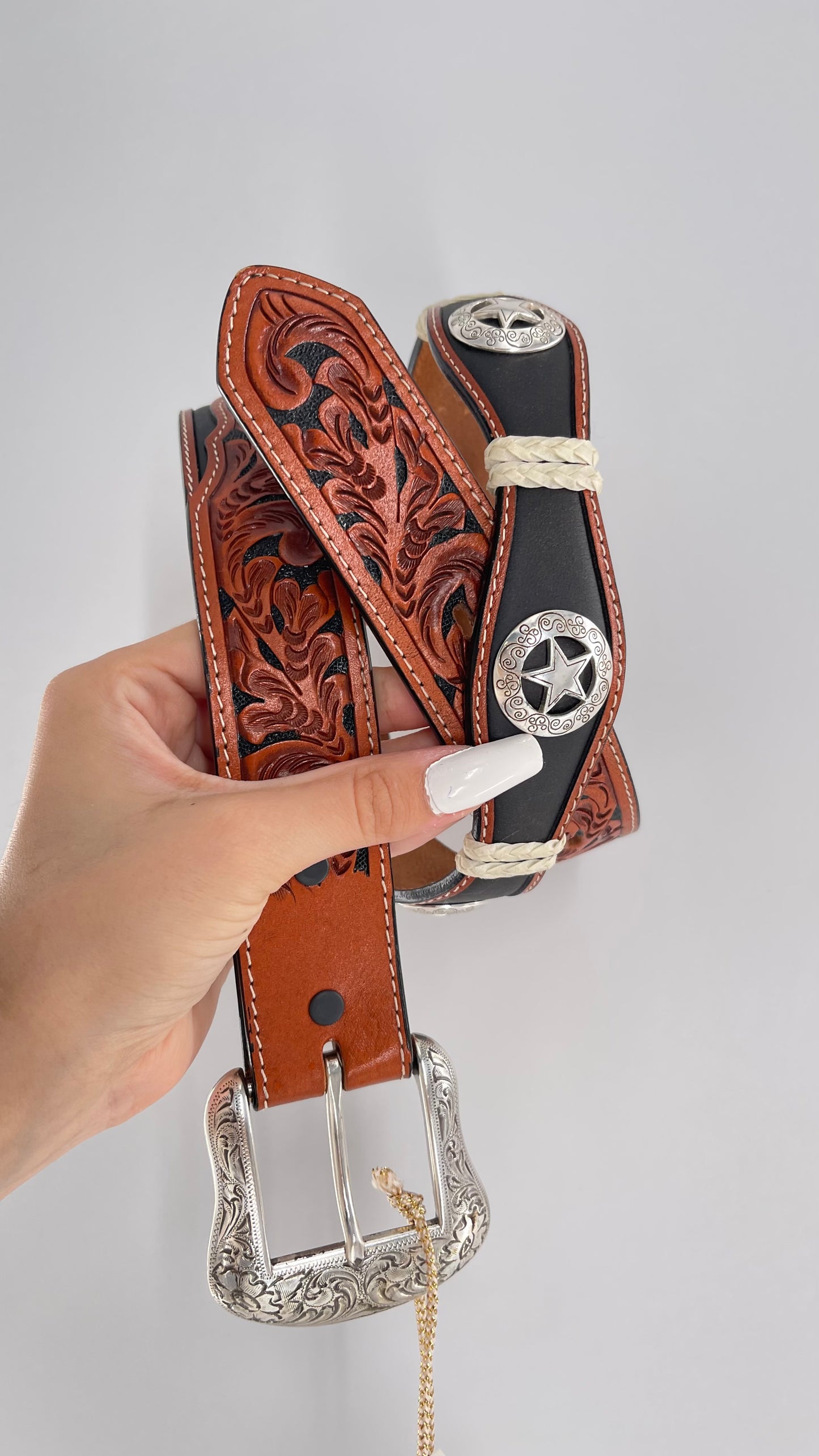 Vintage Ranger Belt Company Genuine Handtooled Leather Metal Stars Embellishments (36)
