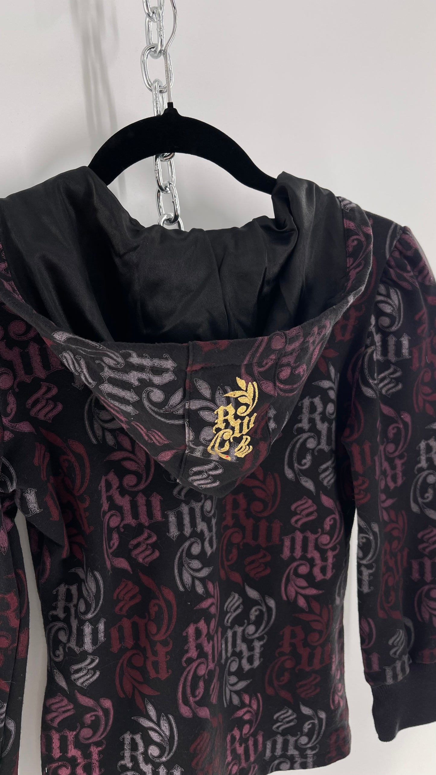 Vintage All Over Rocawear Logo Zip Up Hoodie with Gold Charm Chain and Silky Hood (XS/S)