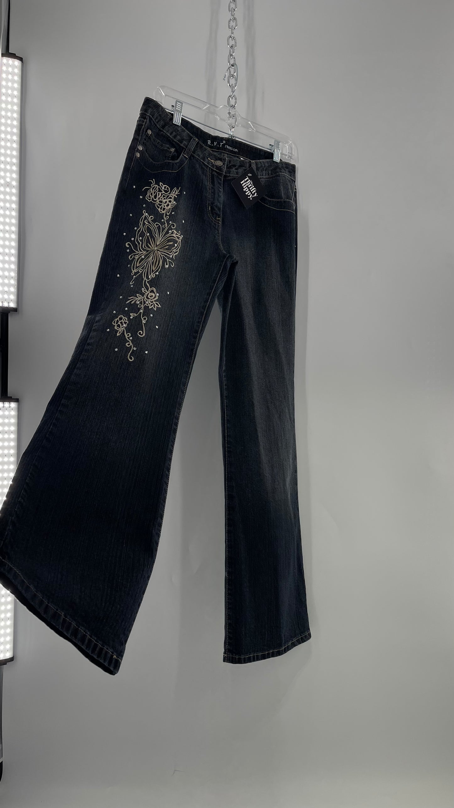 Vintage RVT Grey Kickflare Jeans with Butterfly Embroidery and Rhinestone Embellishment (9/10)